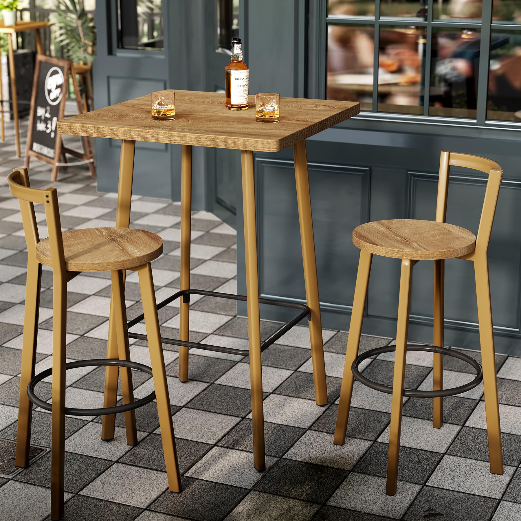 Bar Table and 2-Chair Set with Footrest, Oak