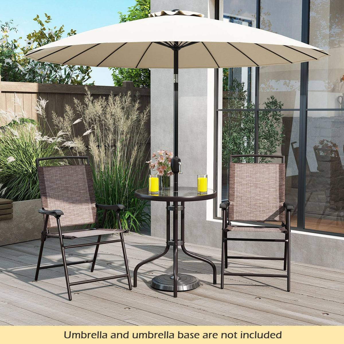 Goplus Bistro Table and Chairs Set of 2, Outdoor 3 Piece Patio Bistro Set with 1.57” Umbrella Hole, Tempered Glass Tabletop, 2 Folding Chairs, Small Patio Furniture Dining Set for Garden, Balcony