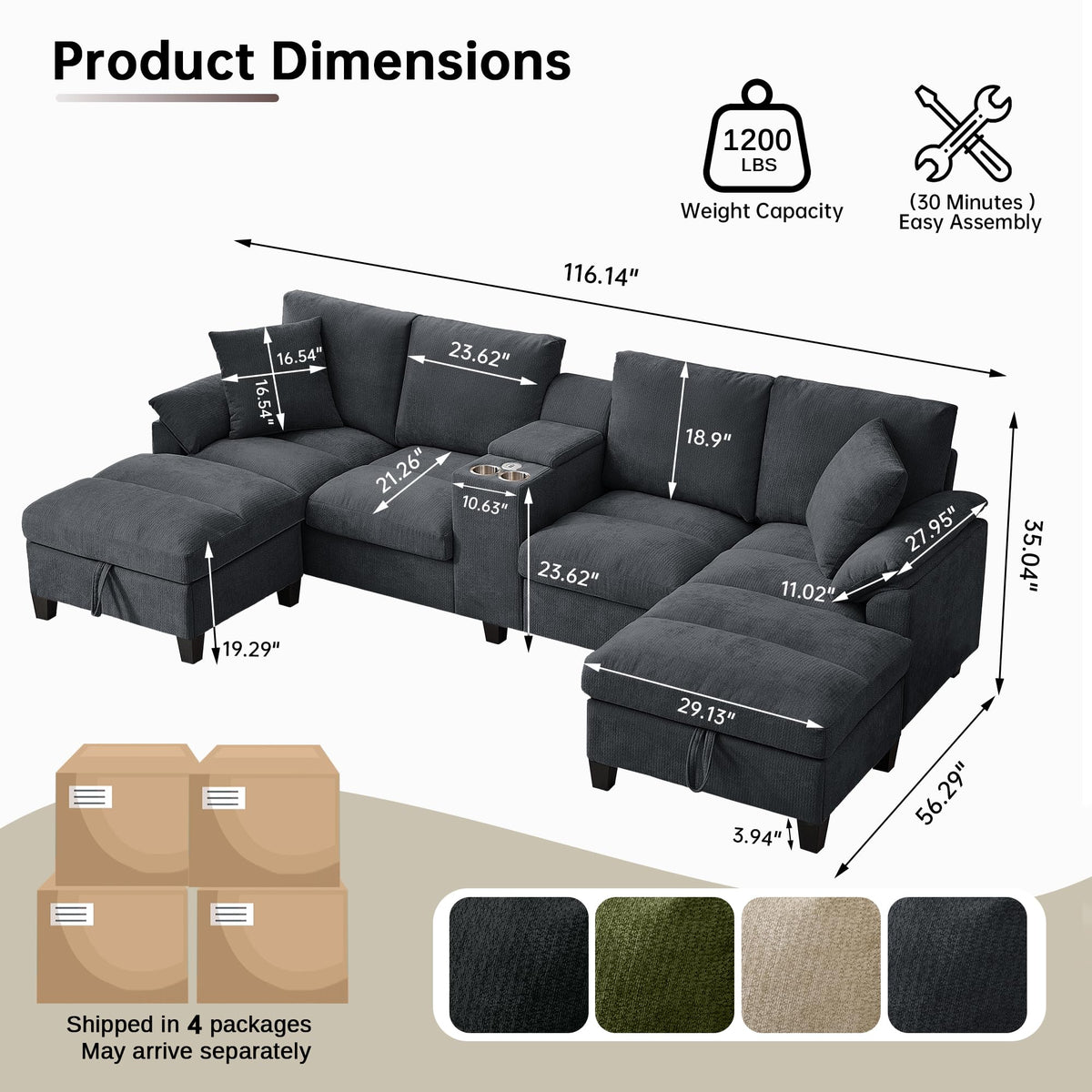 116" U Shaped Couch with Console, 4-Seater Sectional Sofa Set with Double Chaise Lounges | Storage Ottomans | USB Ports | Couch with Cup Holder, Modern Linen Couches for Living Room, Dark Grey