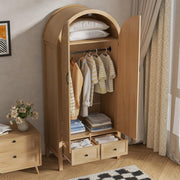 Lxsxlome Wardrobe Closet, Armoire Wardrobe Closet with Drawers and 2 Arched Fluted Doors, 70.87‘’ Tall Wooden Bedroom Armoires with Shelves and Hanging Rod (1, Wood Color)