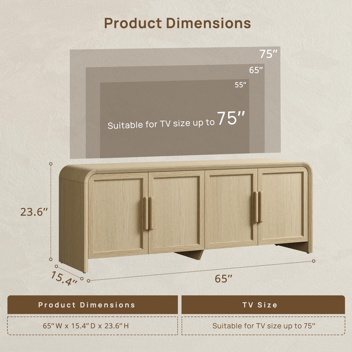 Orvesino 65" Mid Century Modern TV Stand with Storage for 75" TV, Curved Edges Thicker Wood TV Consoles with 4 Doors,Cable Management, Entertainment Center for Living Room/Bedroom,Light Oak