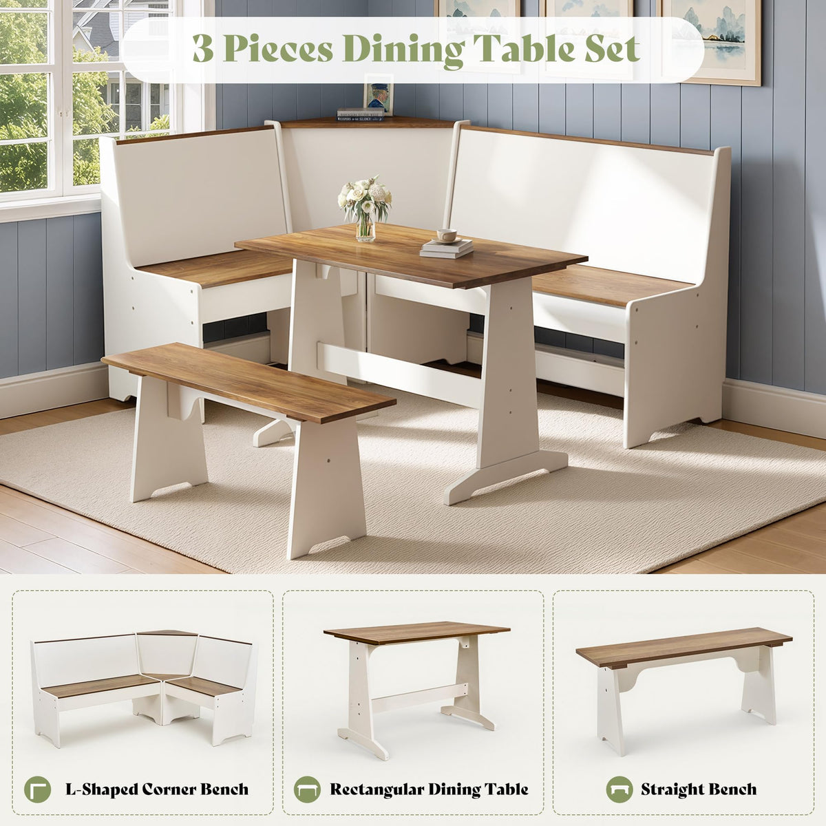 AMERLIFE 3-Piece Corner Dining Set with Hidden Storage, White & Barnwood