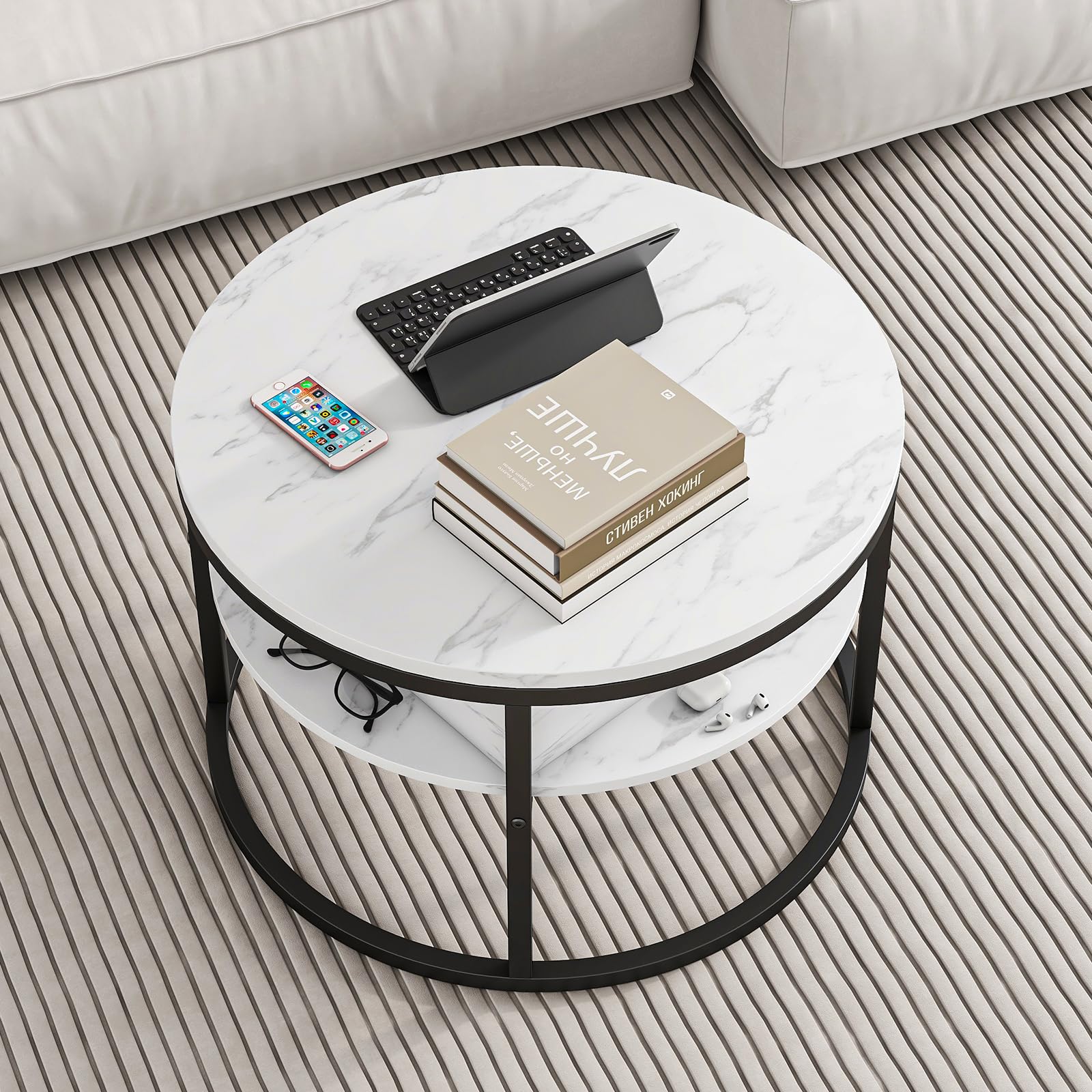 HOJINLINERO Round Coffee Table with Storage, Lift Top Coffee Table with Hidden Compartment, Farmhouse Juxing Design for Living Room, 2-Tier Small Round Dining Center, White