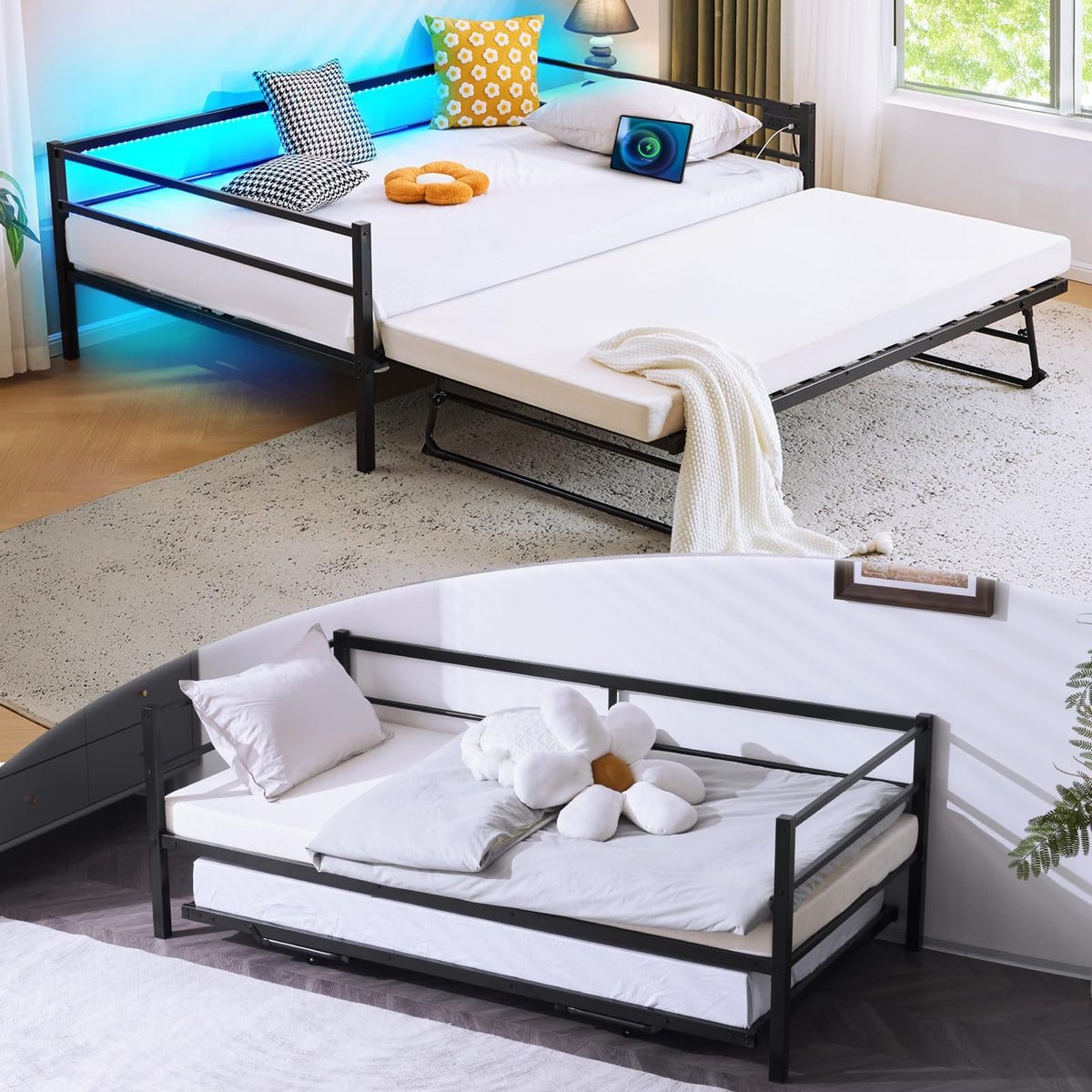 VINGLI Full Metal Daybed with Pop Up Trundle Bed Twin, Sofa Day Bed Frame with Charging Station and LED Lights, Heavy Duty Steel Slats and Pull Out Trundle for Bedroom,Guest Room,Living Room, Black