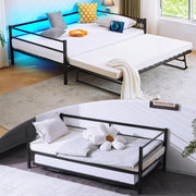 VINGLI Full Metal Daybed with Pop Up Trundle Bed Twin, Sofa Day Bed Frame with Charging Station and LED Lights, Heavy Duty Steel Slats and Pull Out Trundle for Bedroom,Guest Room,Living Room, Black