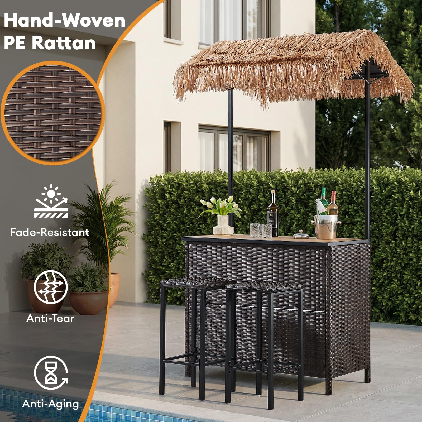 Opohoro Outdoor Tiki Bar Set - 3 Pieces Wicker Patio Bar Height Set with Palapa Top and 2 Stools, All-Weather Patio Bar Set with Storage Shelves & Wine Glass Rack for Garden Patio Backyard Brown