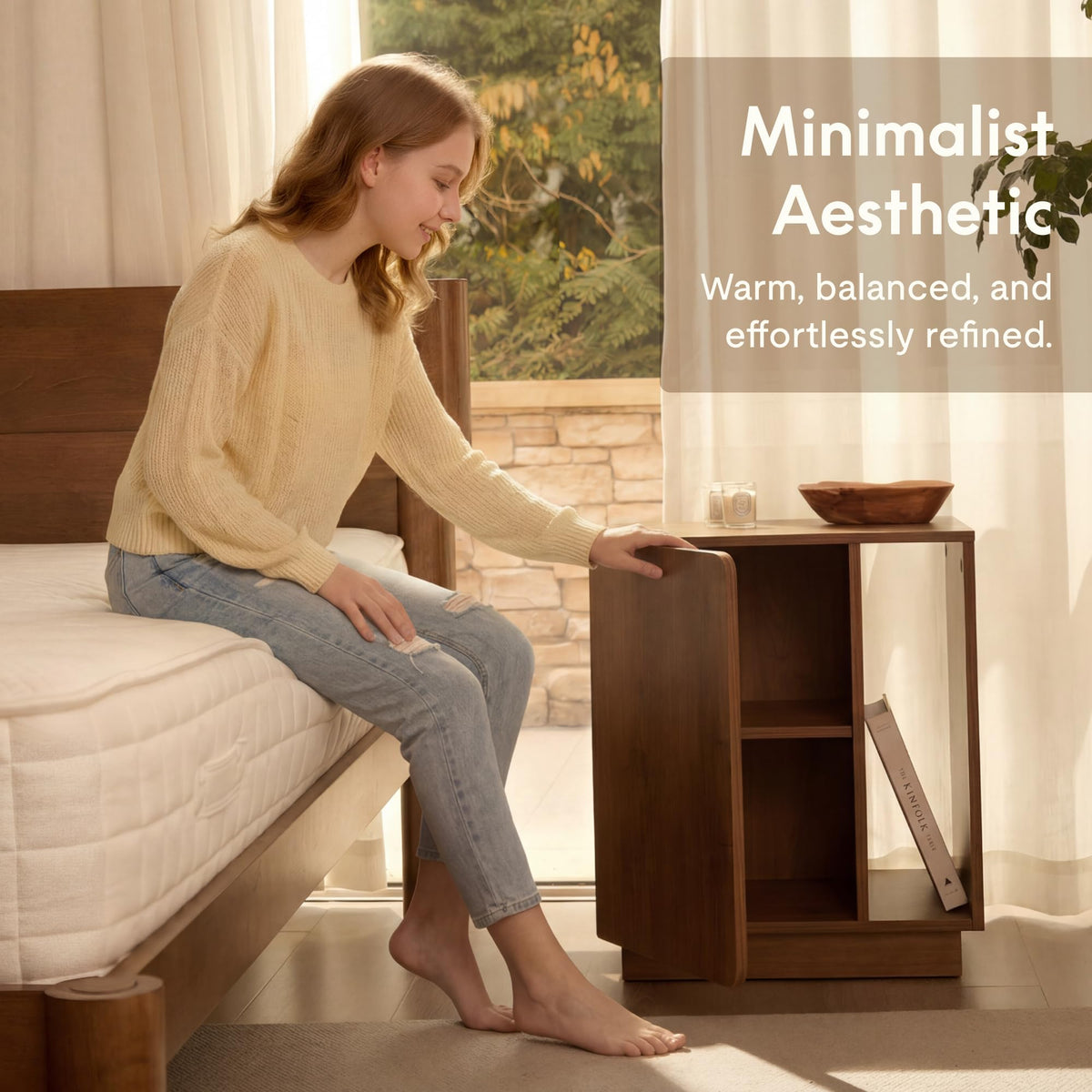 FLEXISPOT Walnut Finish Nightstand with Charging Station, Minimalist Style
