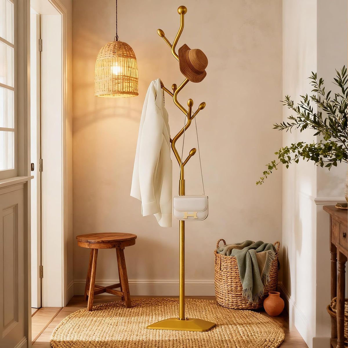 HAZHEYE Gold Coat Rack,Coat Tree Freestanding,Creative Design Tree Branch-look, Standing Coat Rack Coat Hanger Stand with Stury cast iron Base for Entryway, Hallway, Bedroom