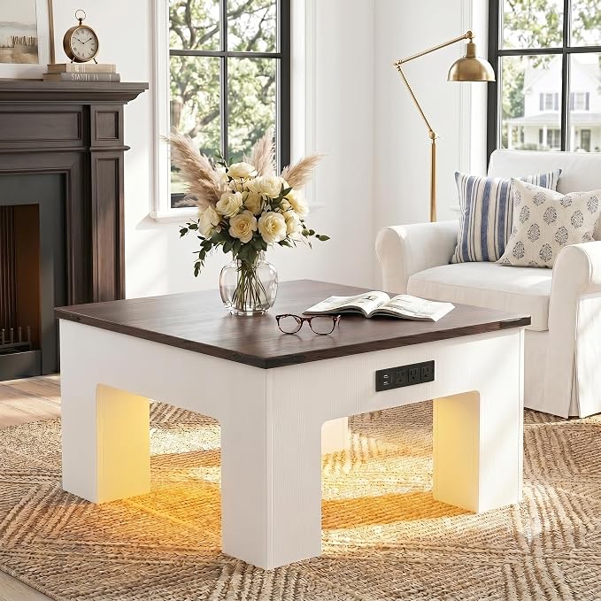 Square LED Coffee Table with Charging Station, Natural