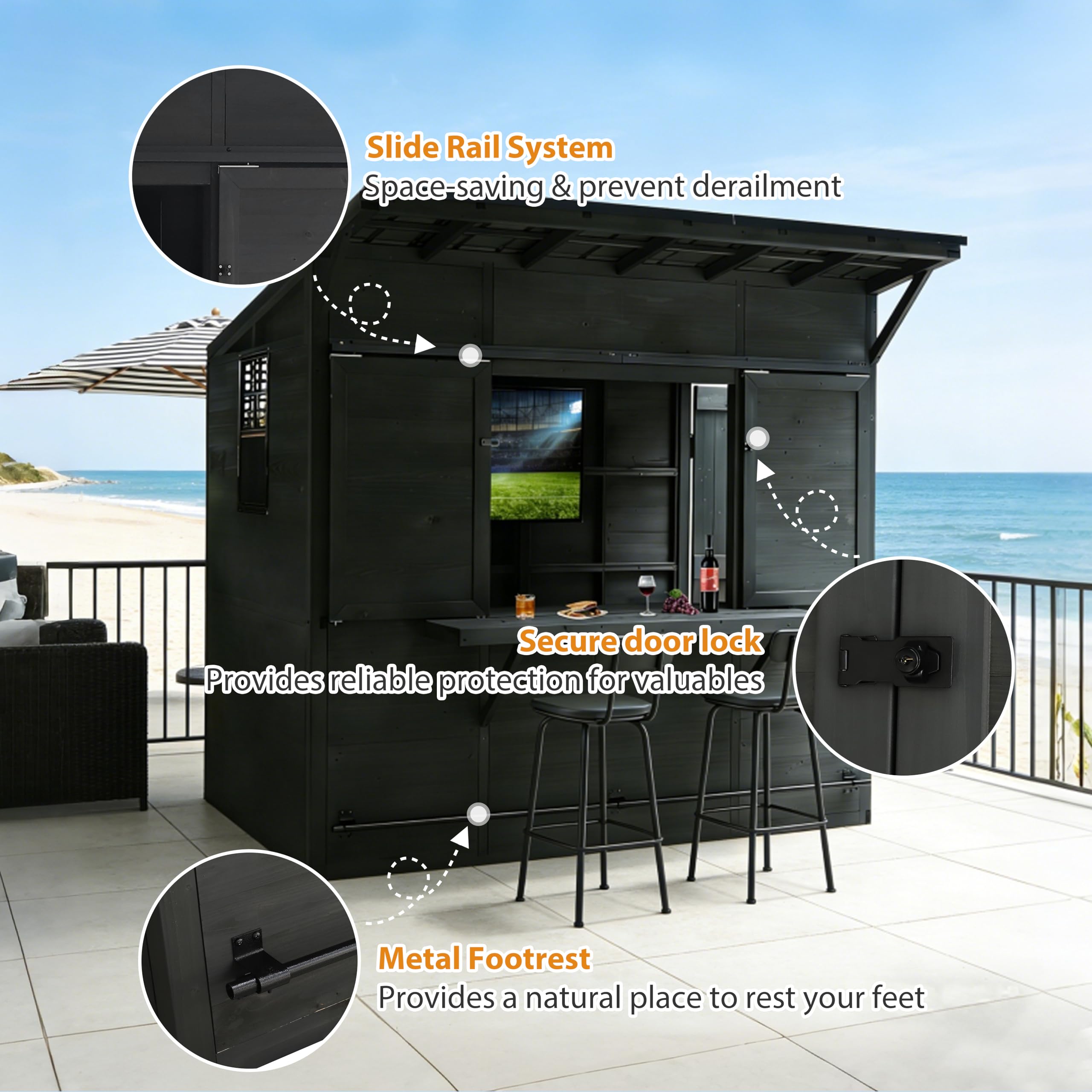 BlueWish 5 x 8 FT Outdoor Bar Shed with Sloped Metal Roof, Cedar Wood Storage Shed Farm Stand with Wall Mount TV Bracket, Lockable Door and Cabinet, Black