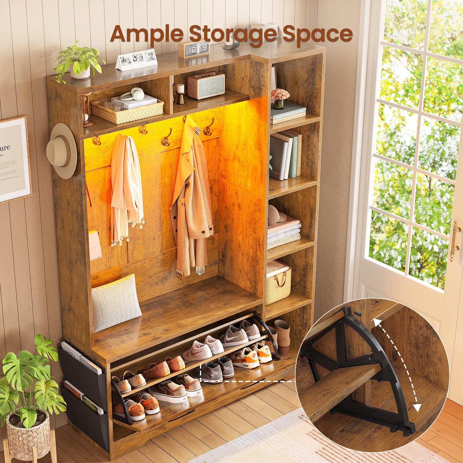 6-in-1 Hall Tree with Bench & Shoe Storage