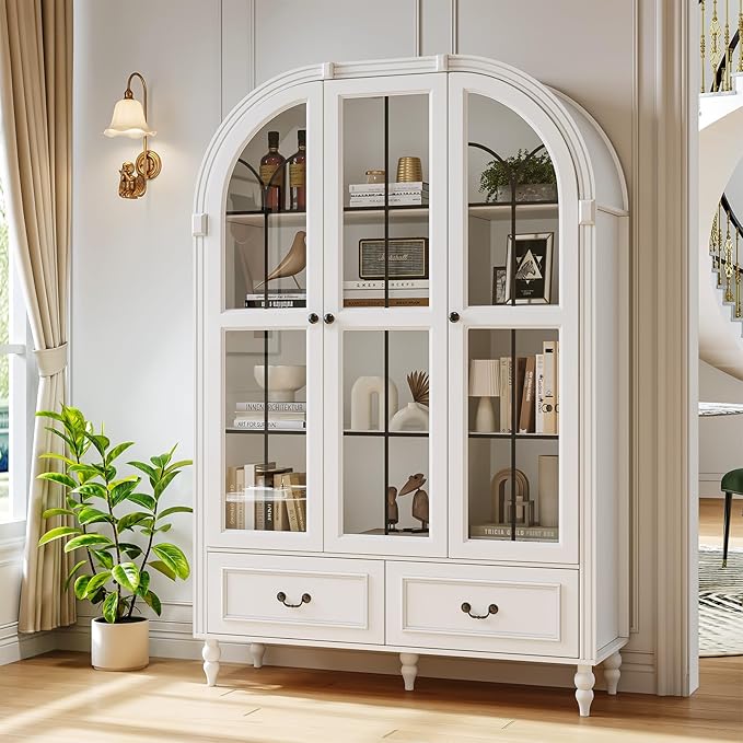 Arched Kitchen Pantry Cabinet with Glass Doors