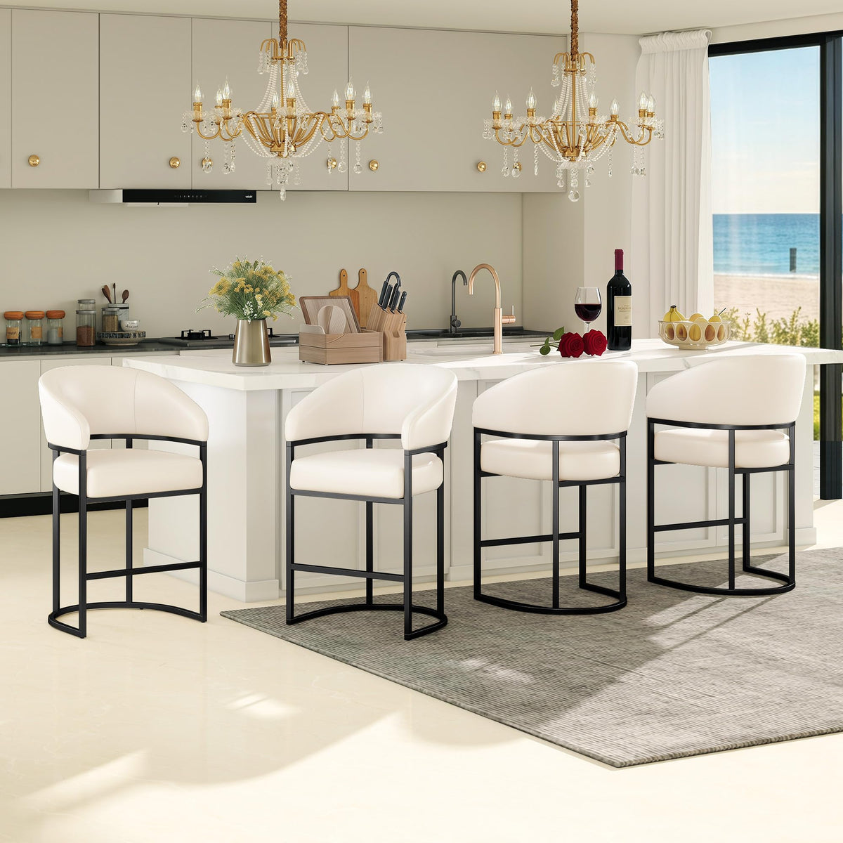LVHOMLAX Modern Counter Height Bar Stools,Bar Stools Set of 4,PU Leather Upholstered Barrel Barstools with Backs,26" Kitchen Island Chairs,Metal Black Frames,Support 480 LBS,Beige White Leather