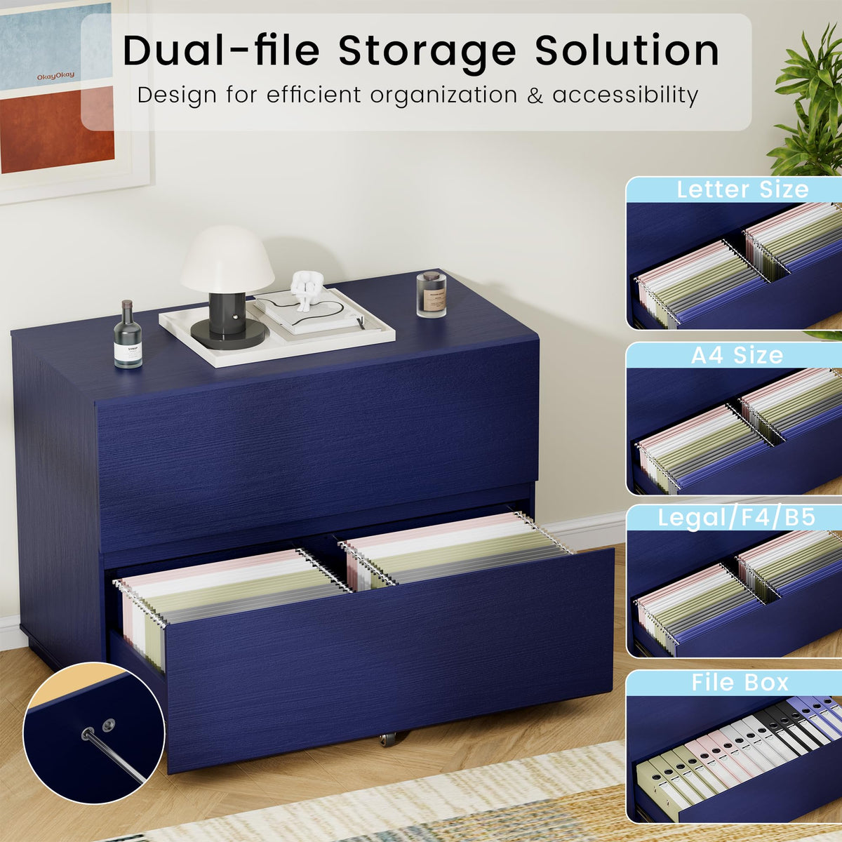 ModernMate 31.5" Lateral Wood Filing Cabinet with 2 Large Drawers, Blue