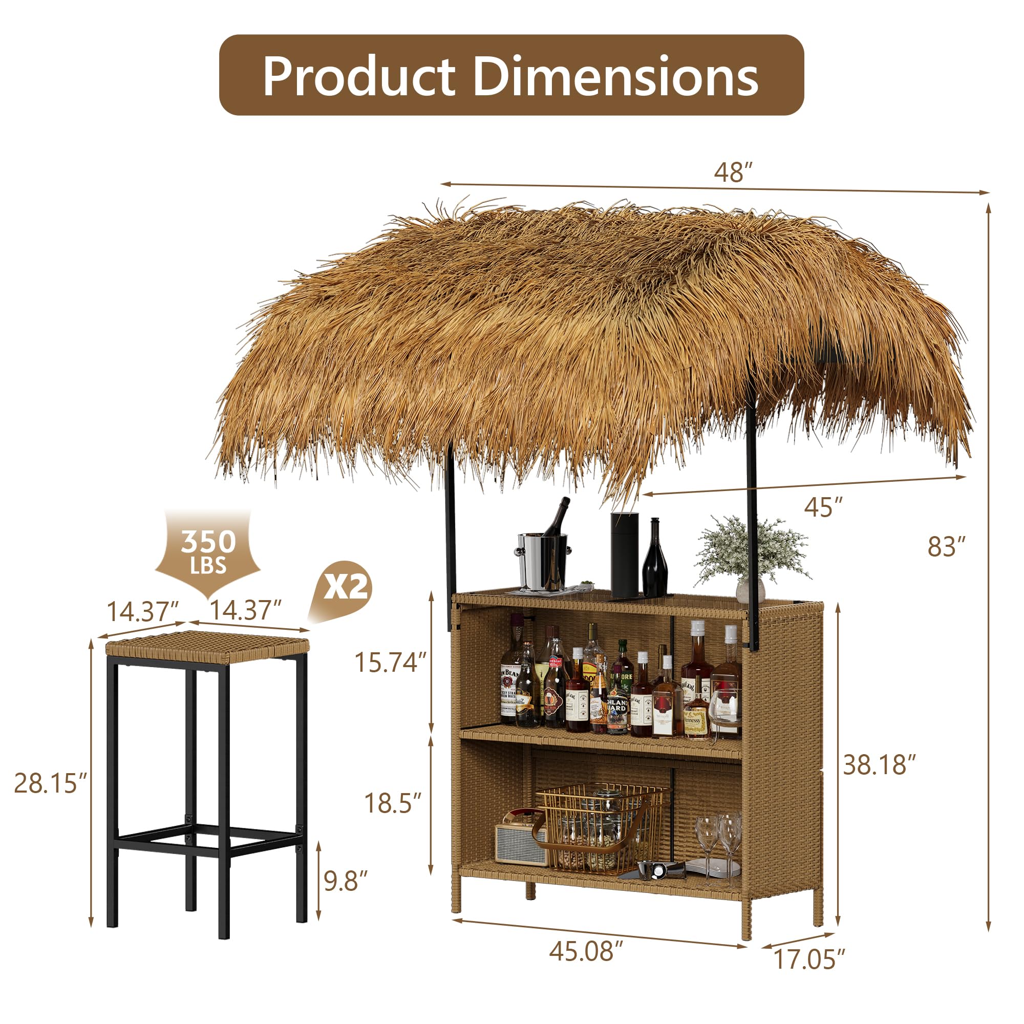 Rotihom Outdoor Tiki Bar Set with Widen Hula Thatched Shade(48" L), 3-Piece Wicker Outside Tiki Bars with 2 Stools, Hawaiian Style Beach Outside Bars for Patio, Garden, Poolside, Backyard