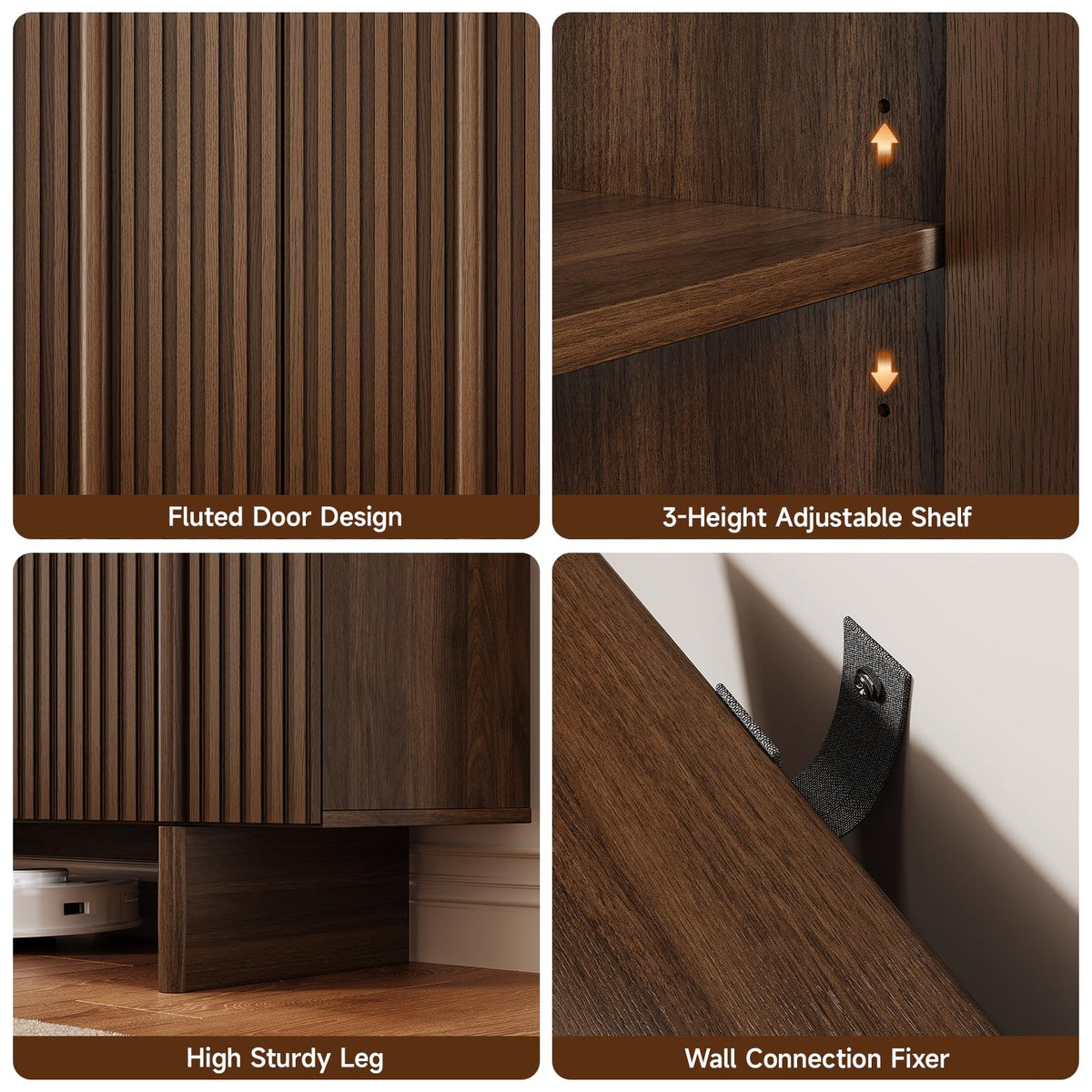 ONBRILL 63" Fluted Sideboard Cabinet with Storage Adjustable Shelves Walnut