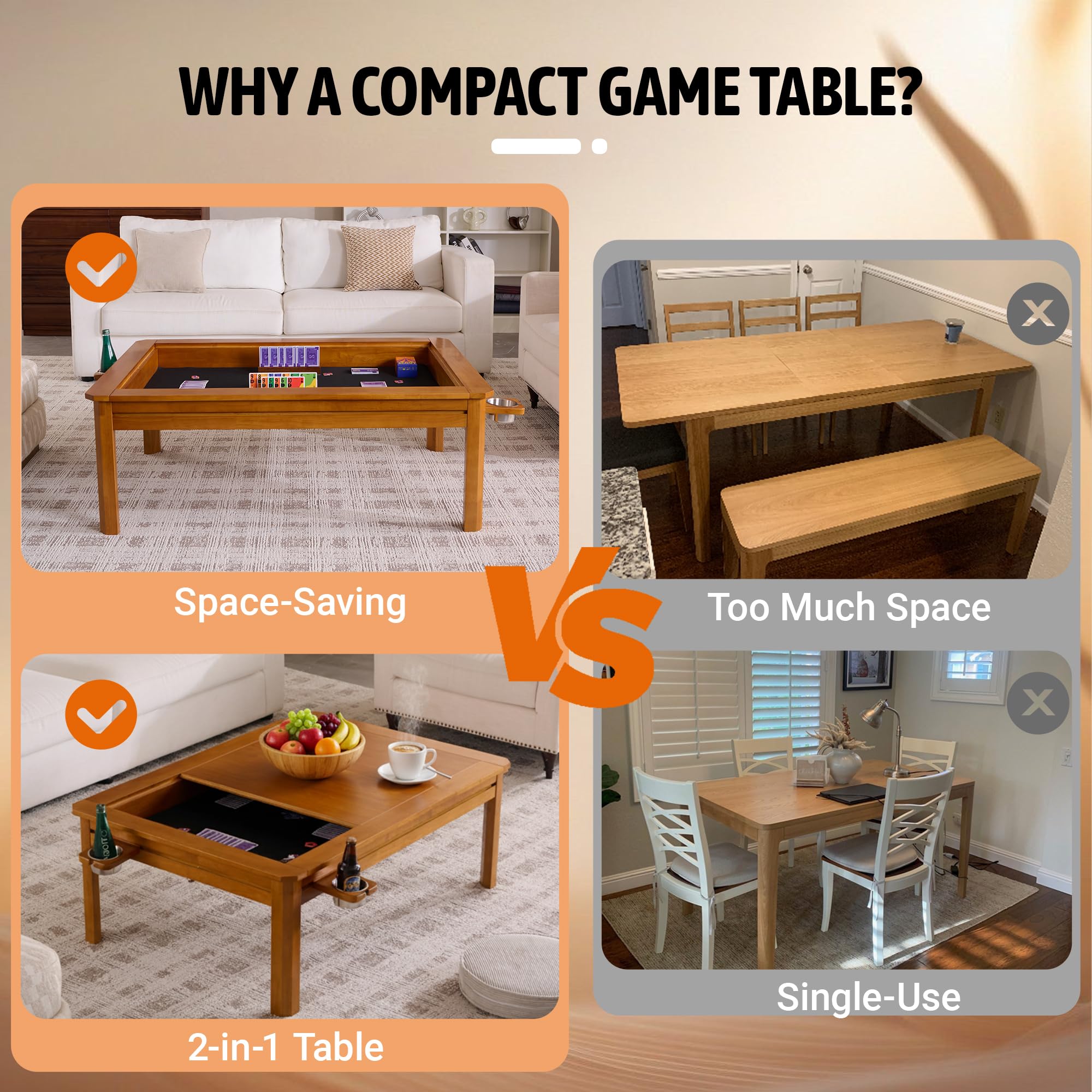 Solid Wood Board Game Coffee Table with Removable Top