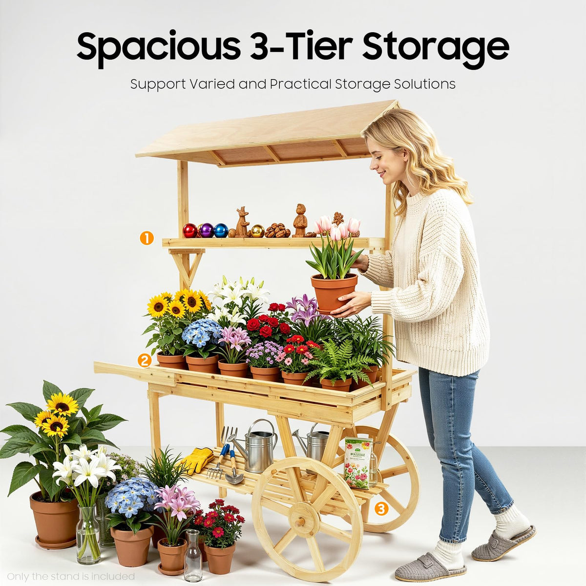 3-Tier Flower Cart Display Stand, Rolling Plant Shelf with Push Handles