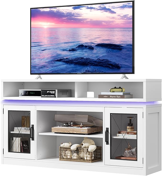 Farmhouse TV Stand with LED Lights & Storage Cabinets