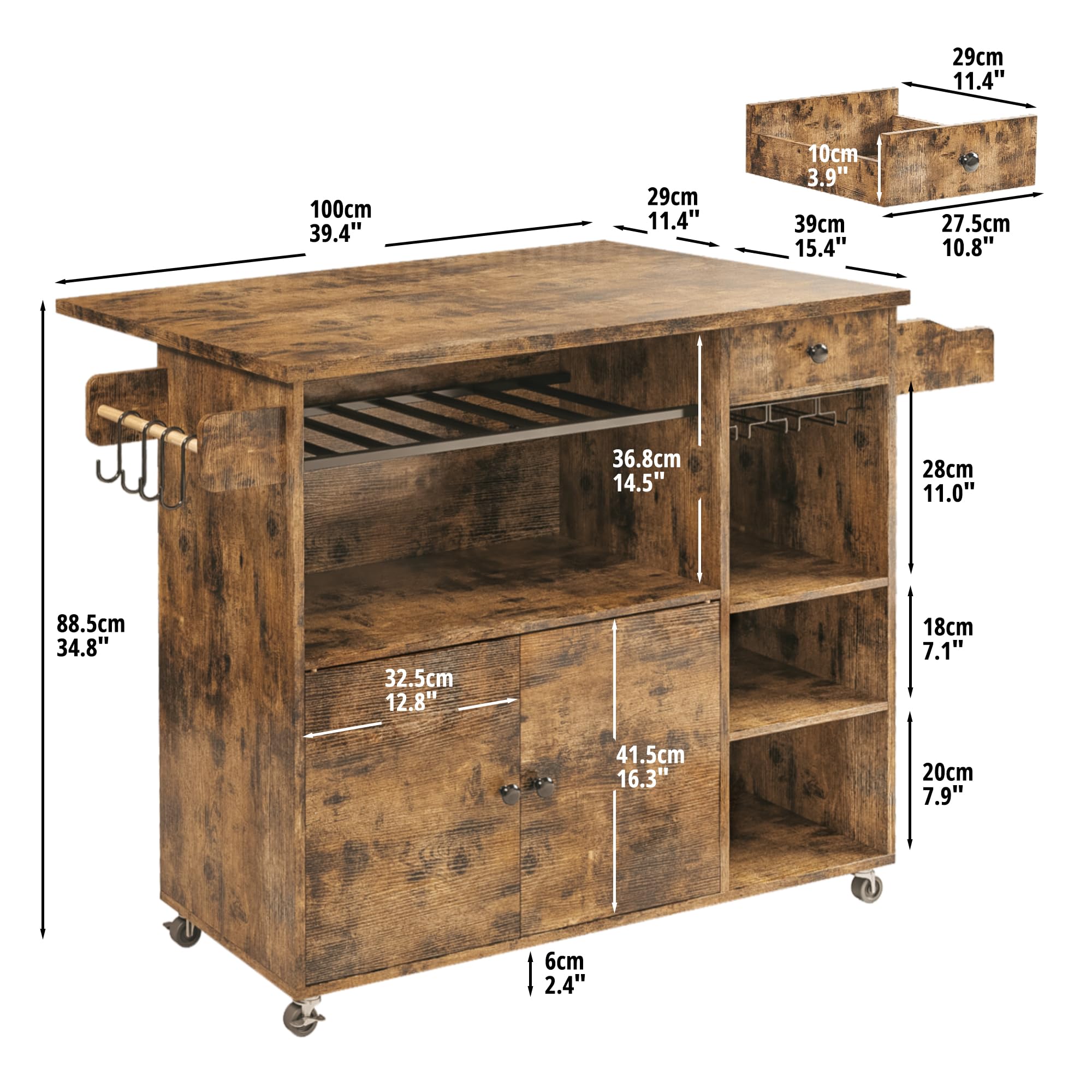 IRONCK Rolling Kitchen Island Cart with Drop-Leaf and Wine Rack, Microwave Rack Serving Cart on Wheels with Drawer & Shelves & Spice Rack & Cup Hanging, Vintage Brown