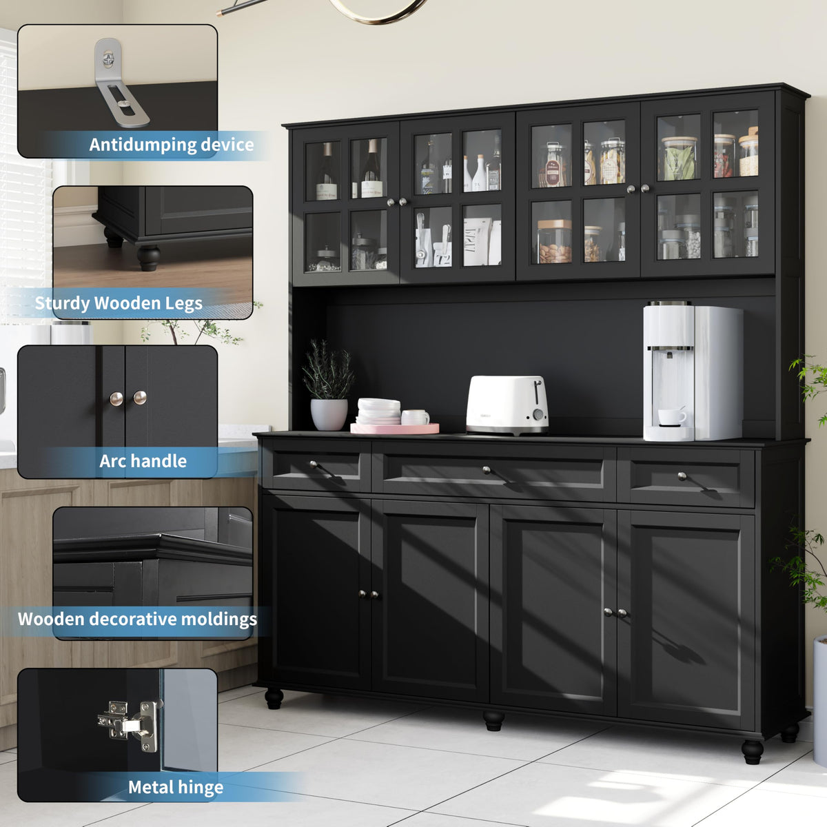 Loomie 71" Tall Kitchen Pantry Storage Cabinet, 63" Wide Kitchen Hutch Cabinet with Large Countertop, Tall Pantry with Drawers, Display Cabinets with Glass Door for Living Room