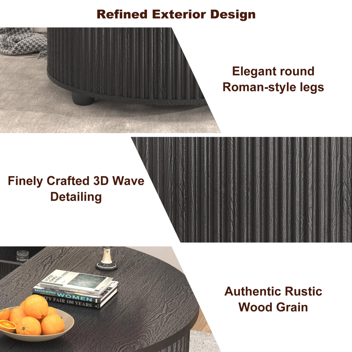 Lift Top Coffee Table w/Storage for Living Room, 35" Modern Round Fluted Coffee Tables w/Large Hidden Space, Wood Living Room Table w/Gas Lift, Center Table for Bedroom, Home Office,Black