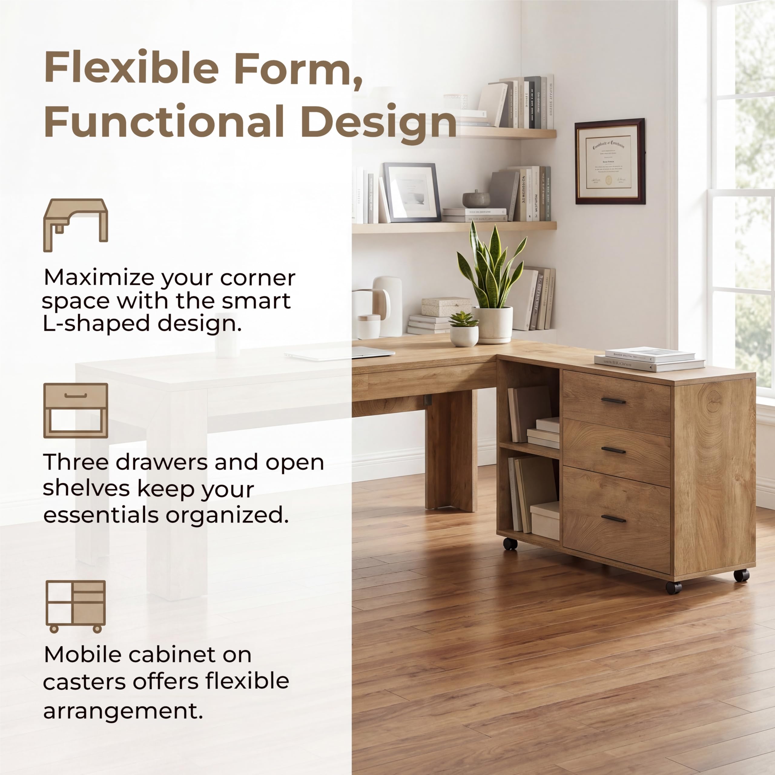 Tribesigns 63'' L Shaped Office Desk with Drawers and Shelves,Large Executive Desk with Rolling File Cabinet Combo,Home Office Computer Desk,Brown