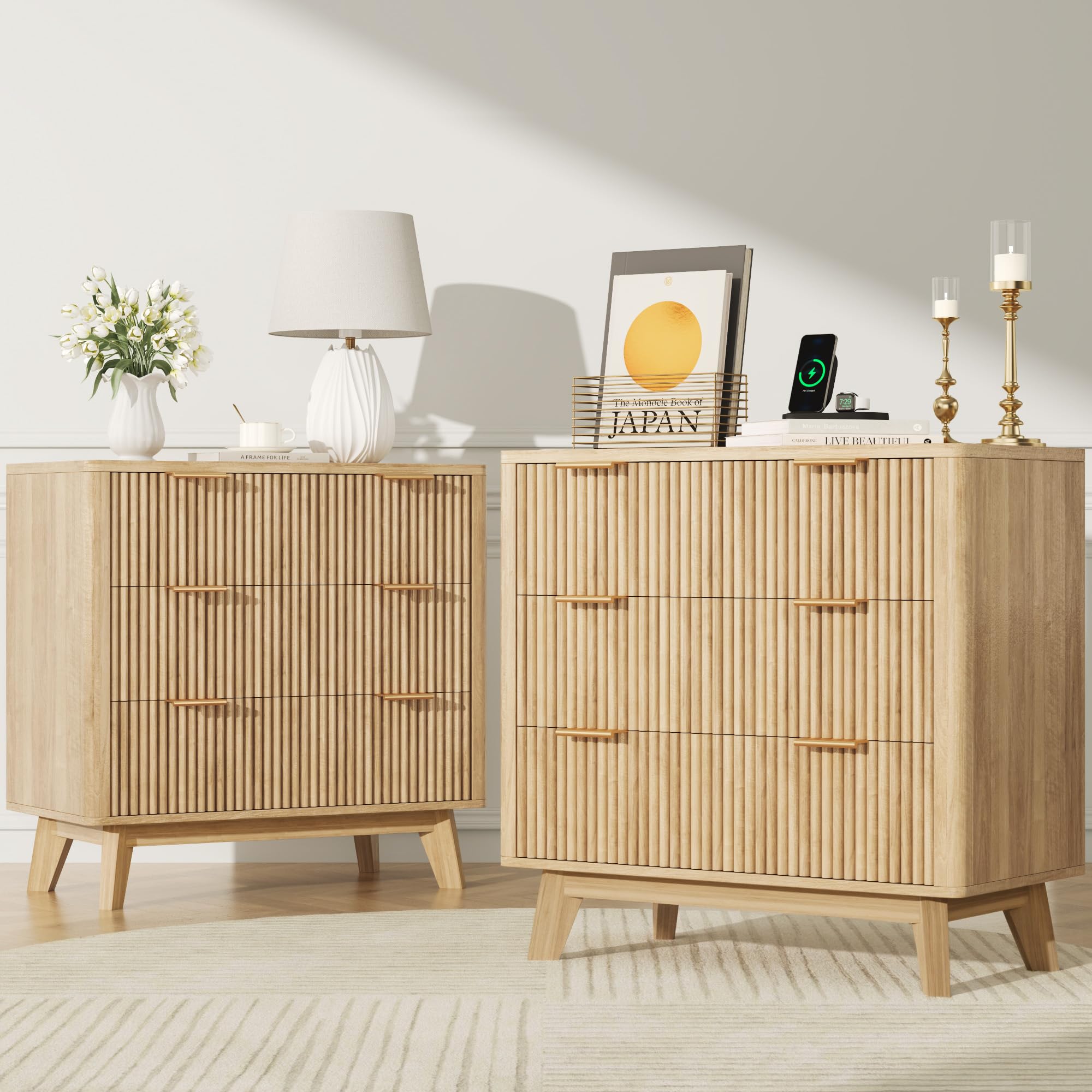 32" Fluted Nightstand with Fast Charging Station & 3 Drawers