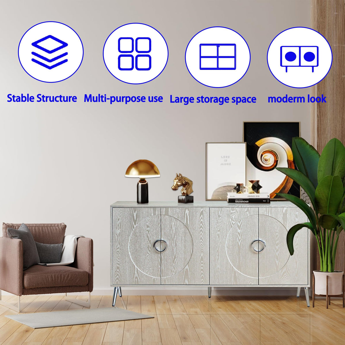 YJNKU Wooden Cabinet Sideboard Buffet Server Cabinet,4 Door Storage Cabinet, Modern Lacquered,for Living Room, Entryway, Hallway, Office, Kitchen and Dining Room,Champagne Silver
