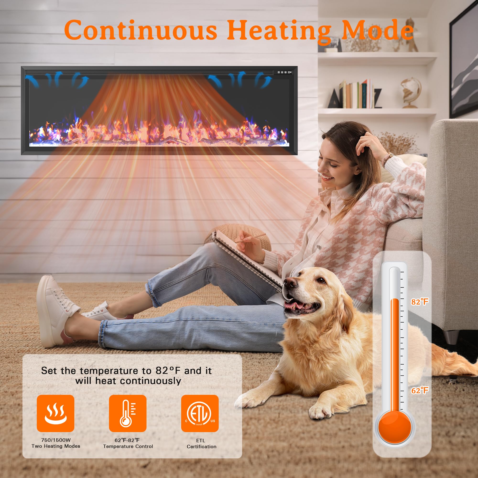 60-Inch Wall-Mounted Electric Fireplace Insert