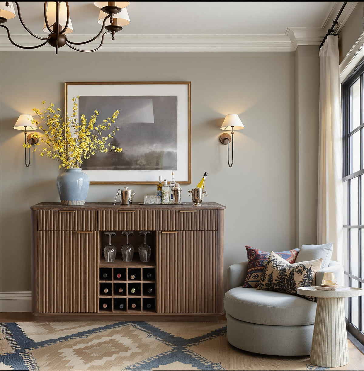 WIN2WIN 59" Fluted Sideboard, Wine Bar Cabinet with Faux Marble Top, Walnut