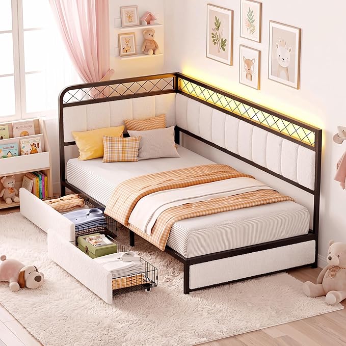Twin L-Shaped Daybed with LED, Charging Station & Storage Drawers