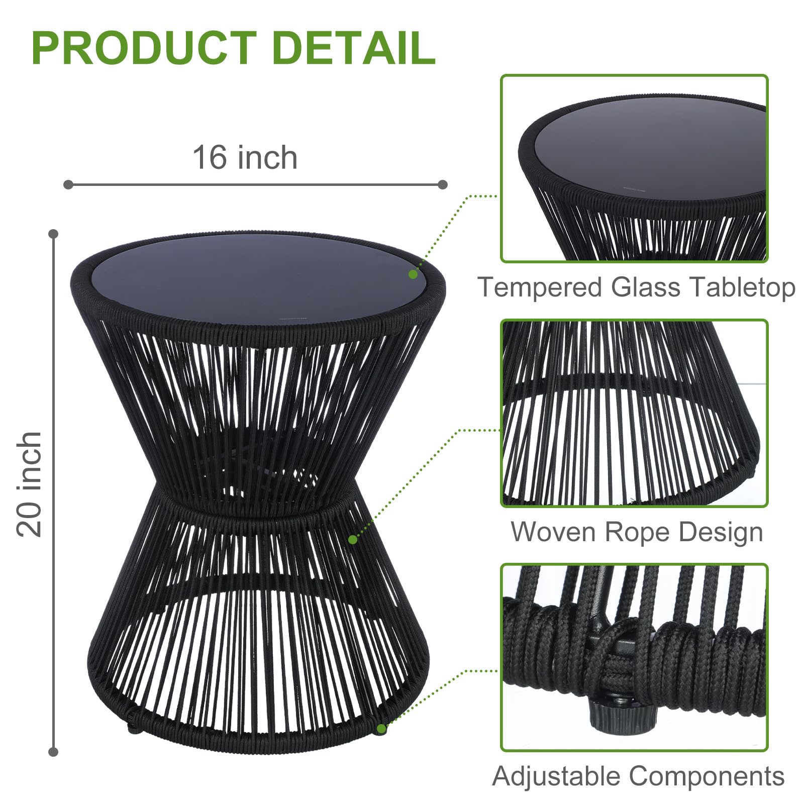 Woven Rope Outdoor Side Table with Glass Top