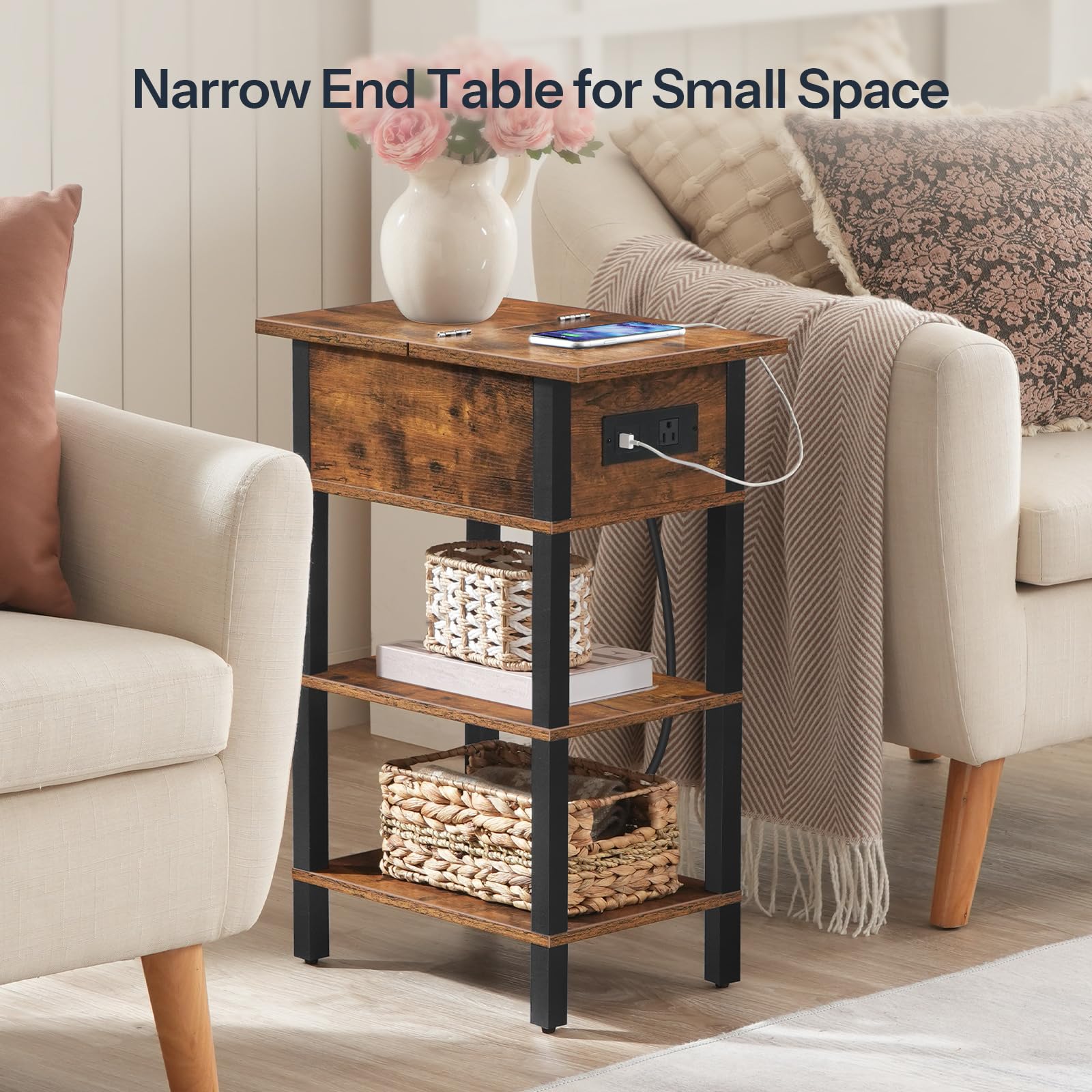 End Table with Charging Station & Storage Shelves