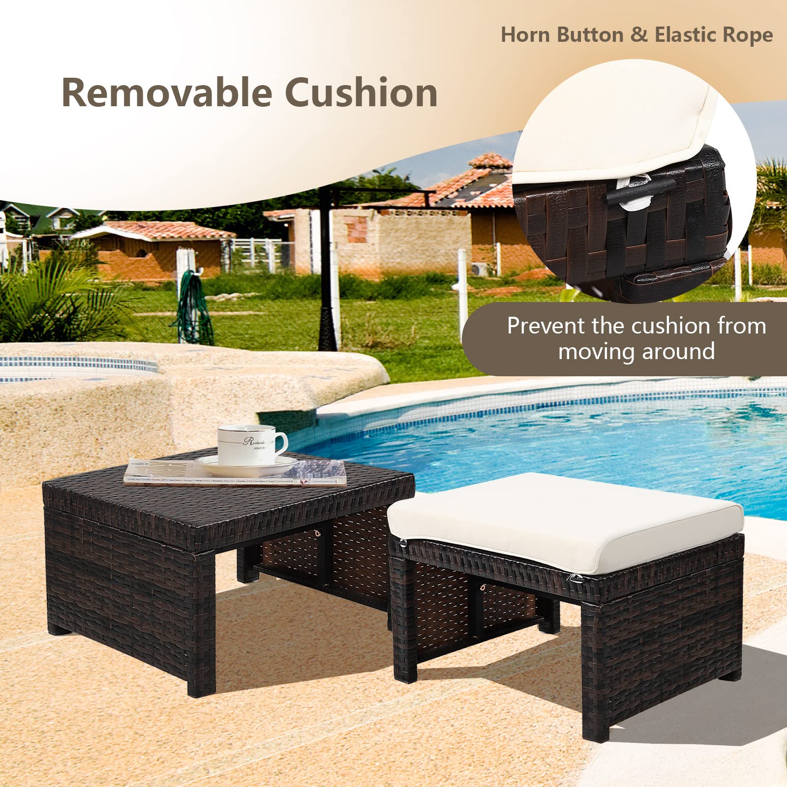 2-Piece Outdoor Rattan Ottoman Set with Cushions
