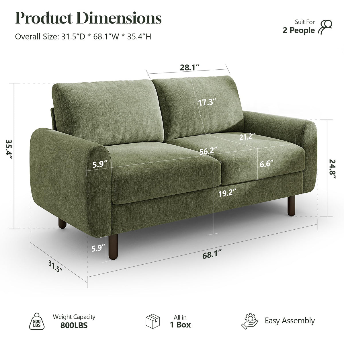 68" Green Chenille Loveseat Sofa