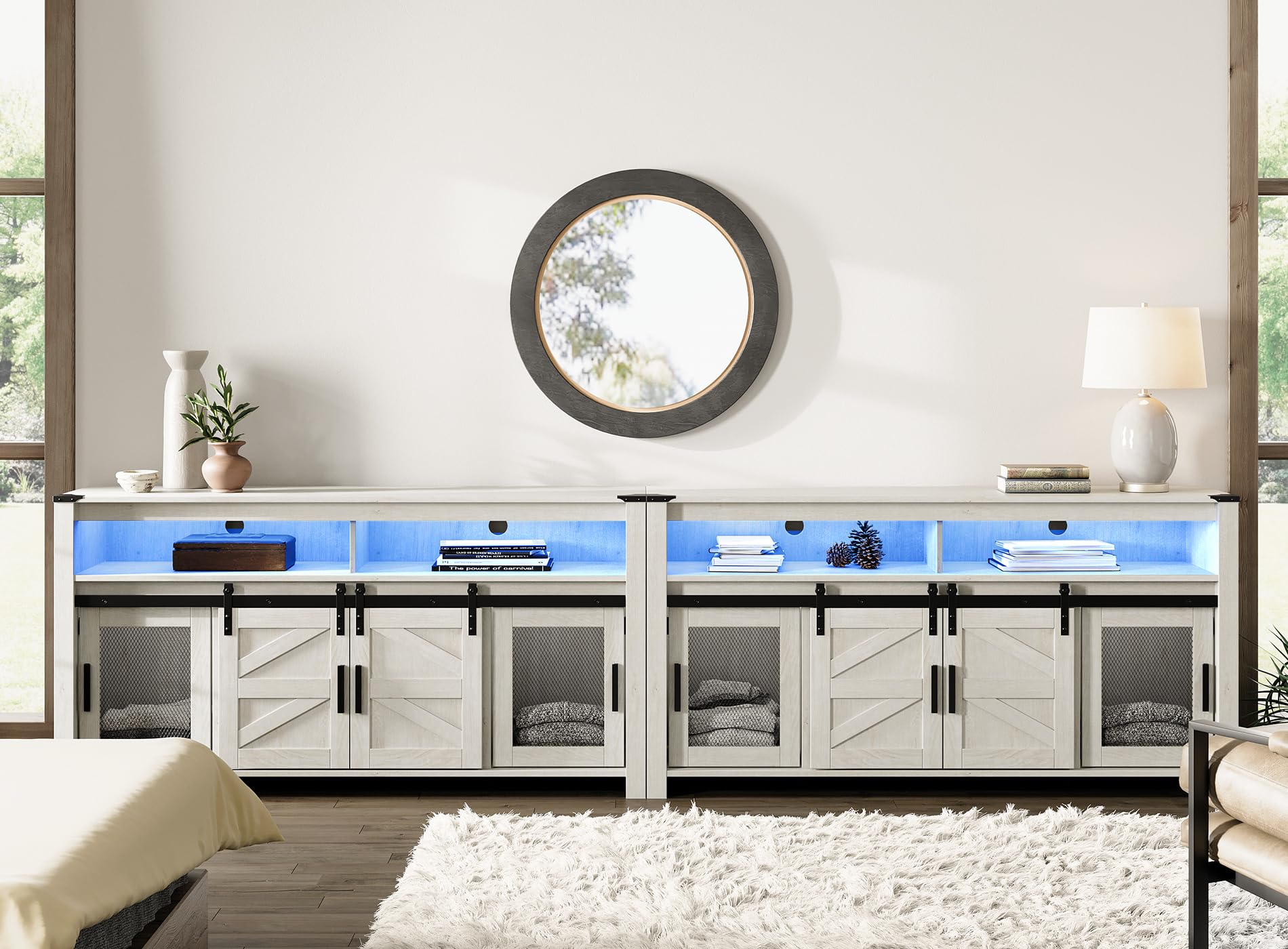 WAMPAT TV Stand for 100+ Inch TVs, Set of 2 Tall Highboy Farmhouse Entertainment Center w/Mesh & Sliding Barn Doors, Extra Wide Wood Media Console w/Adjustable Shelf & Blue LED Lights, Antique White