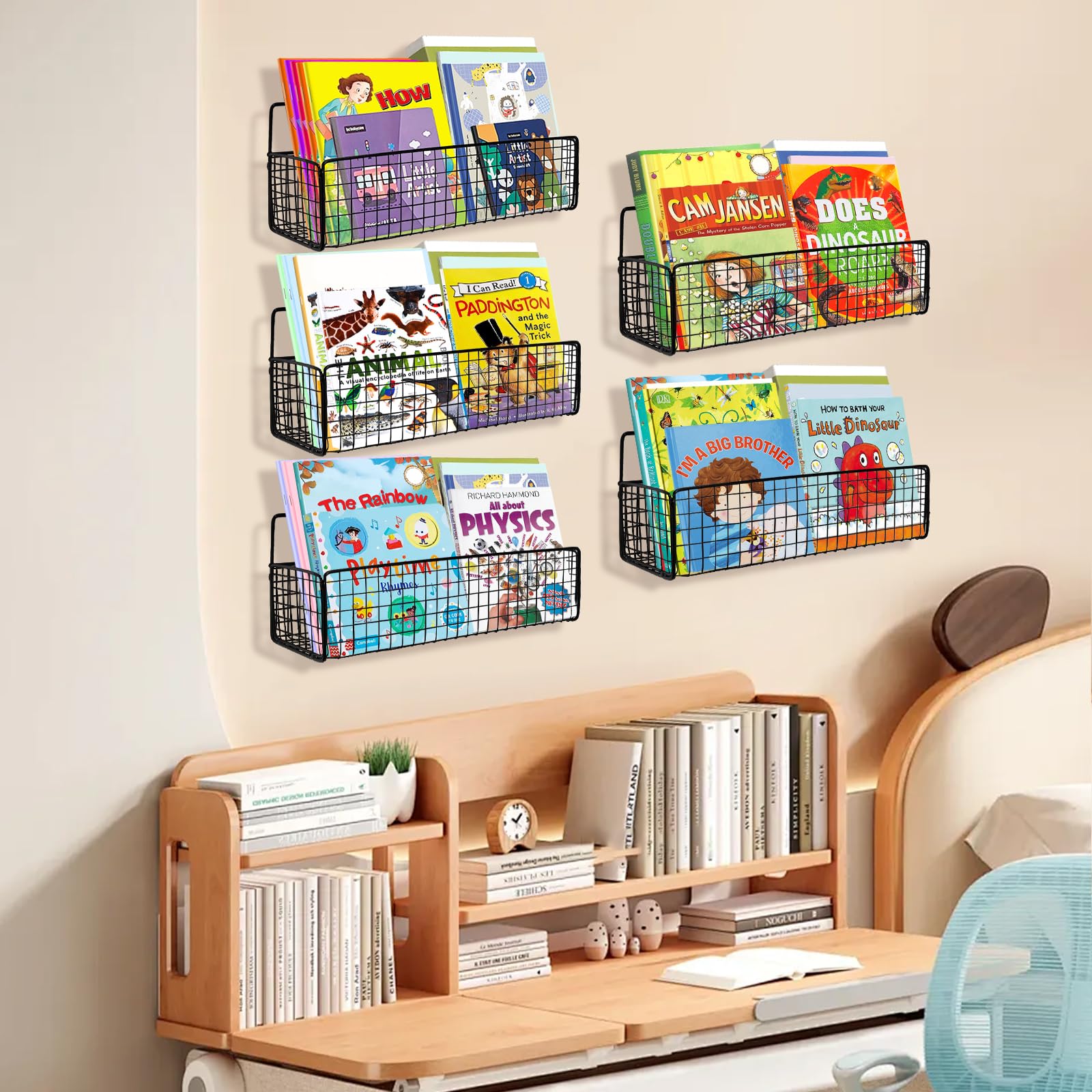 Wensdr 5-Pack Black Metal Wall Mounted Kids Bookshelf, Modern Style, 5 Shelves, Hanging Book Shelf Organizer for Kids Room, Bedroom, Kitchen, Nursery