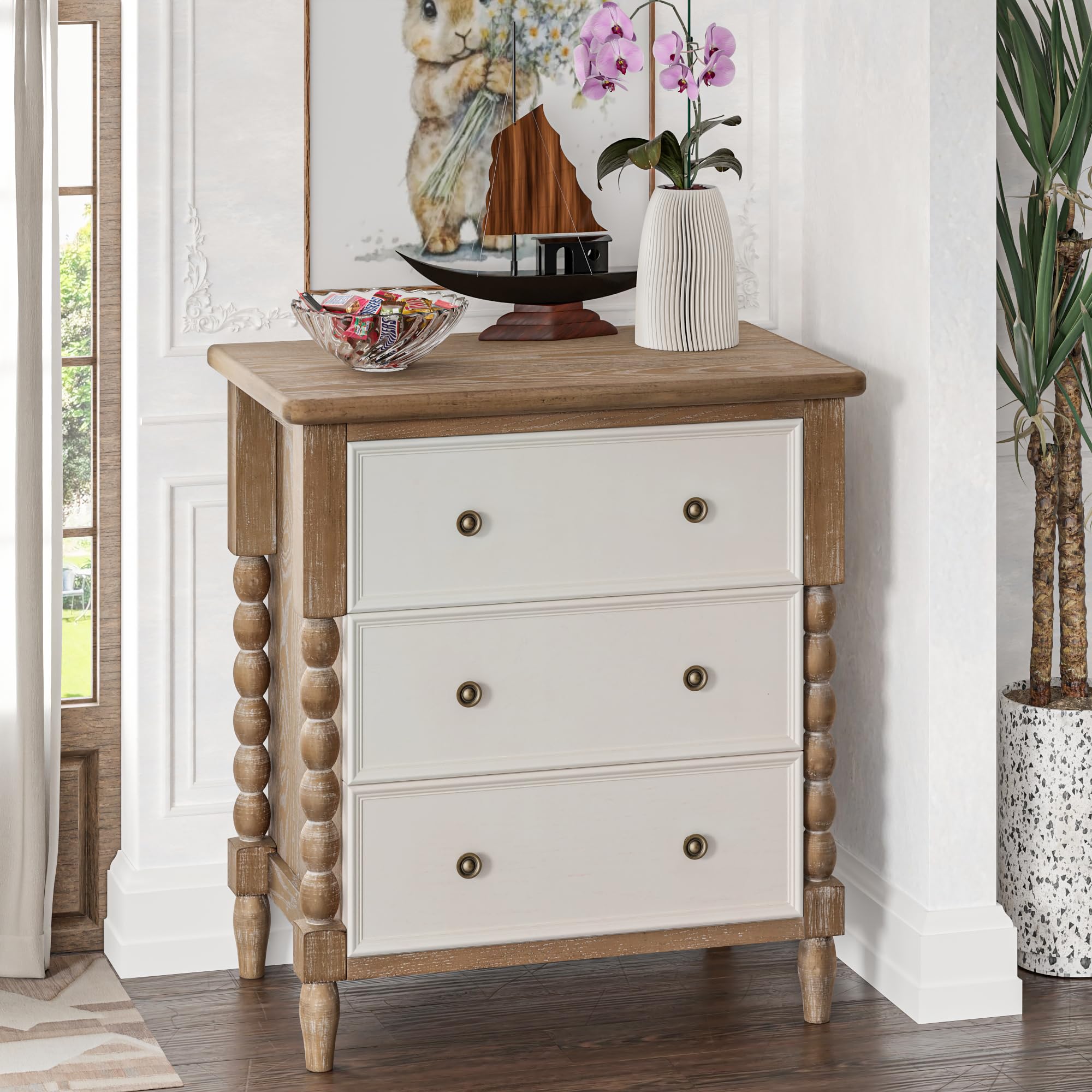 COZAYH Farmhouse 3-Drawer Dresser, Rustic Wood Chest with Turned Legs, Vintage Nightstand Storage Cabinet for Bedroom, Distressed Natural & White Finish, Almost Fully Assembled