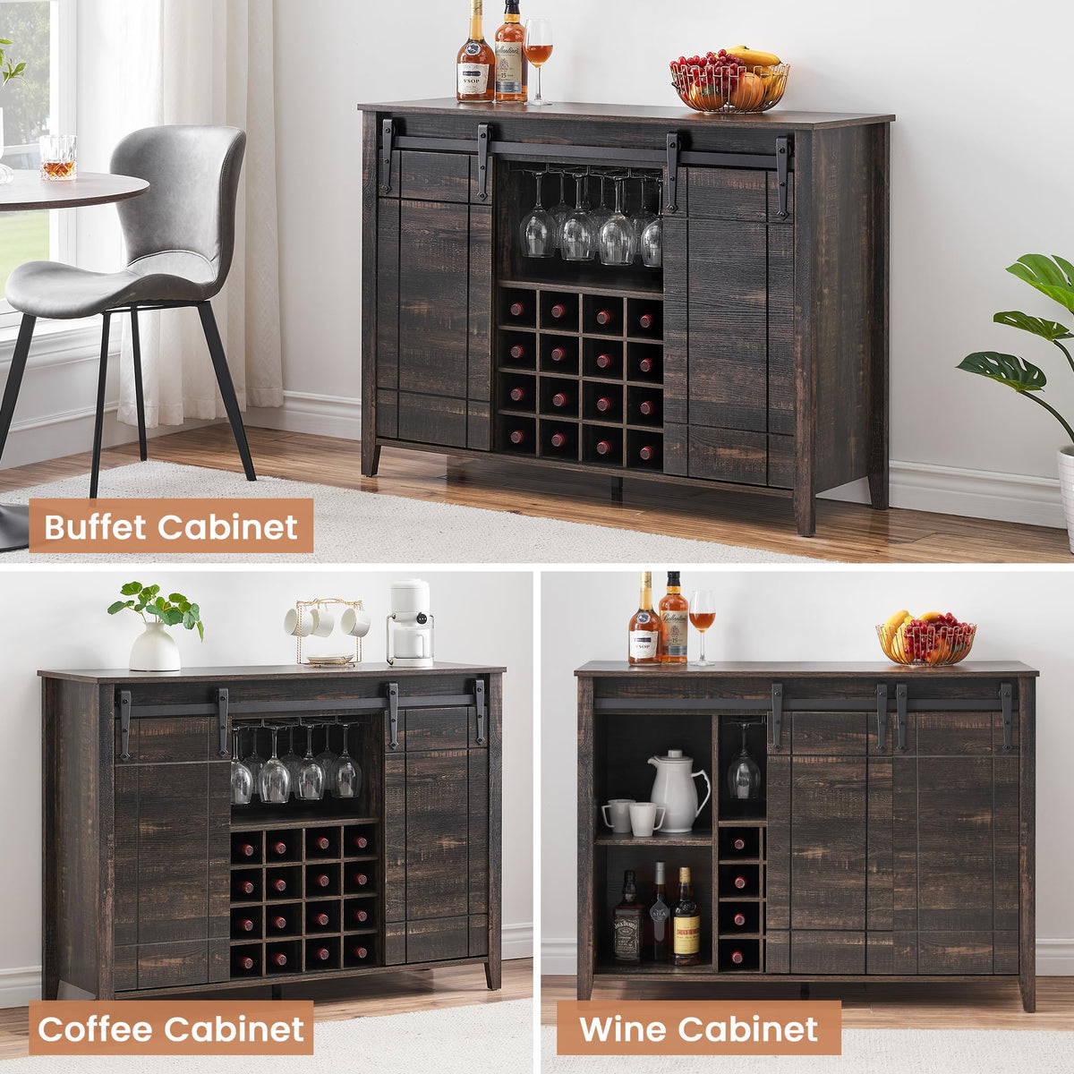 Bar Cabinet, 47" Buffet Server Sideboard with Sliding Barn Doors, Farmhouse Storage Cabinet Cupboard Table with Adjustable Shelf for Kitchen, Dining Room (Dark Brown)