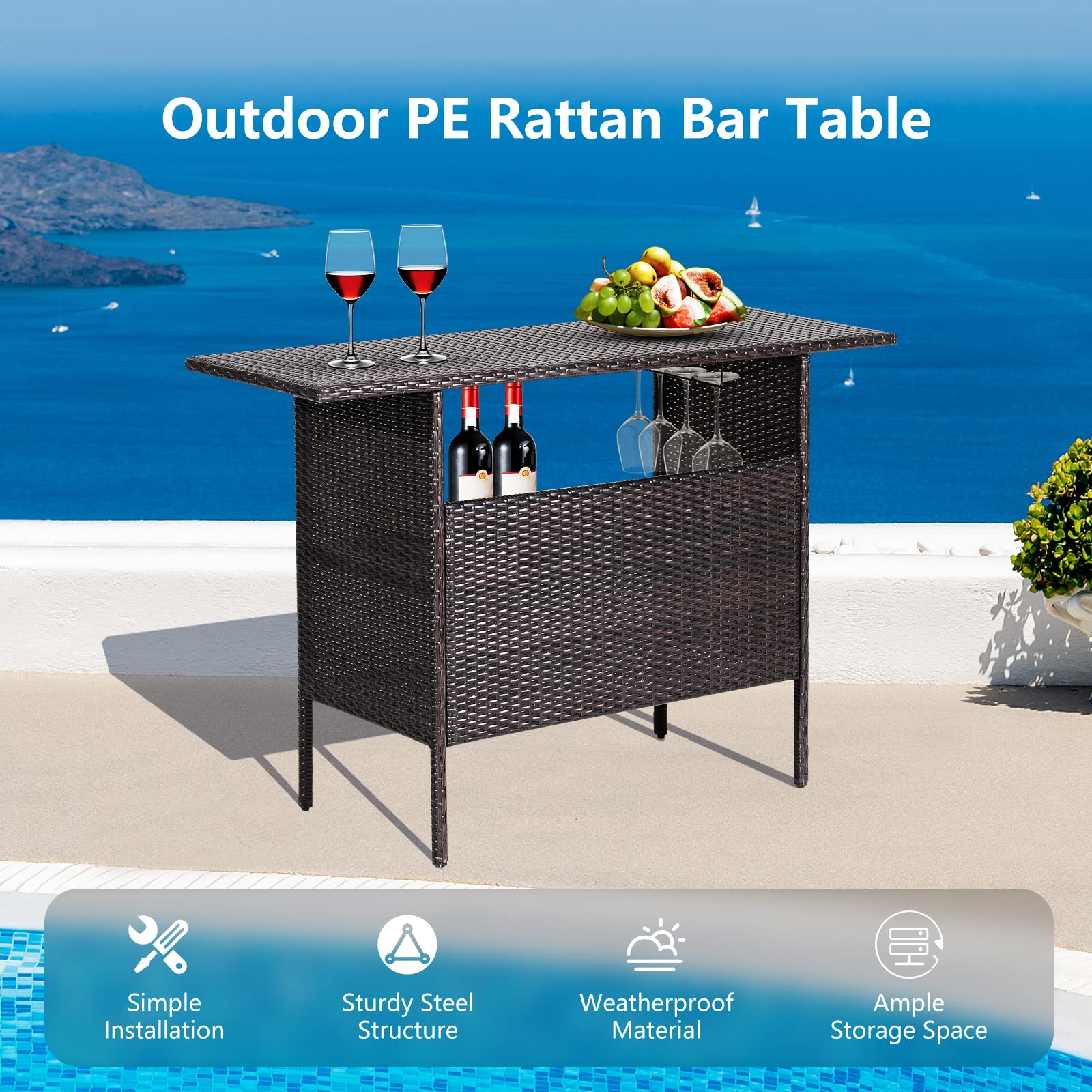 Tangkula Outdoor Wicker Bar Table, Patiojoy All Weather Patio Bar Height Table with 2 Metal Mesh Shelves & 2-Rail Steel Stemware Racks, Rattan Bar Counter Table for Backyard, Poolside (Mix Brown)
