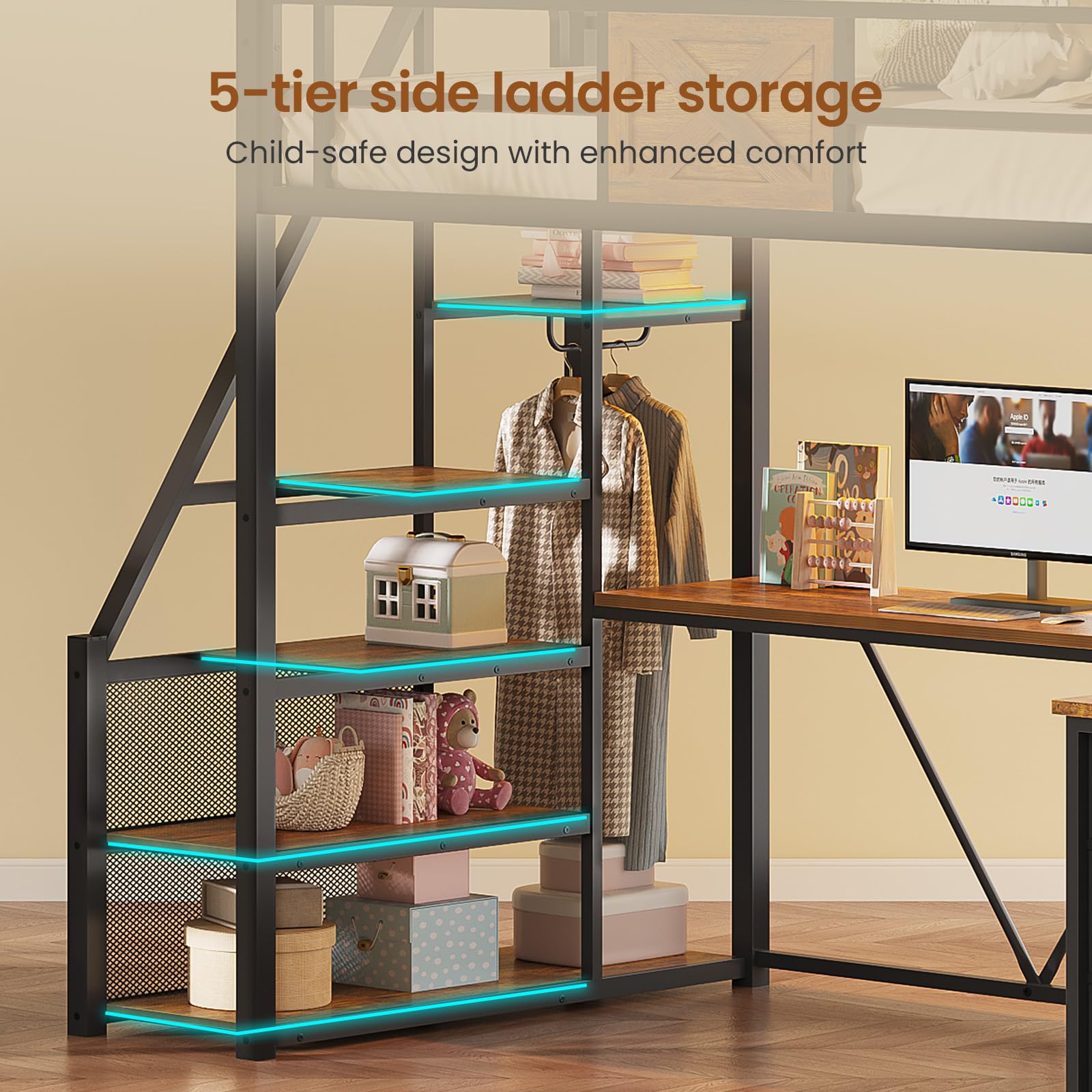 Loft Bed with L-Shaped Desk, Wardrobe & Storage Stairs