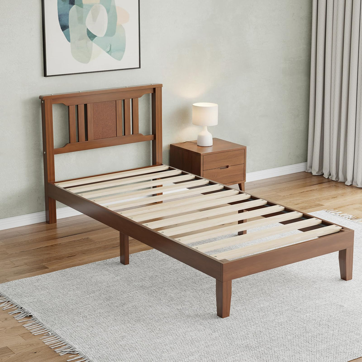 OLIXIS Twin Bed Frame with Headboard, Solid Wood Bedframe