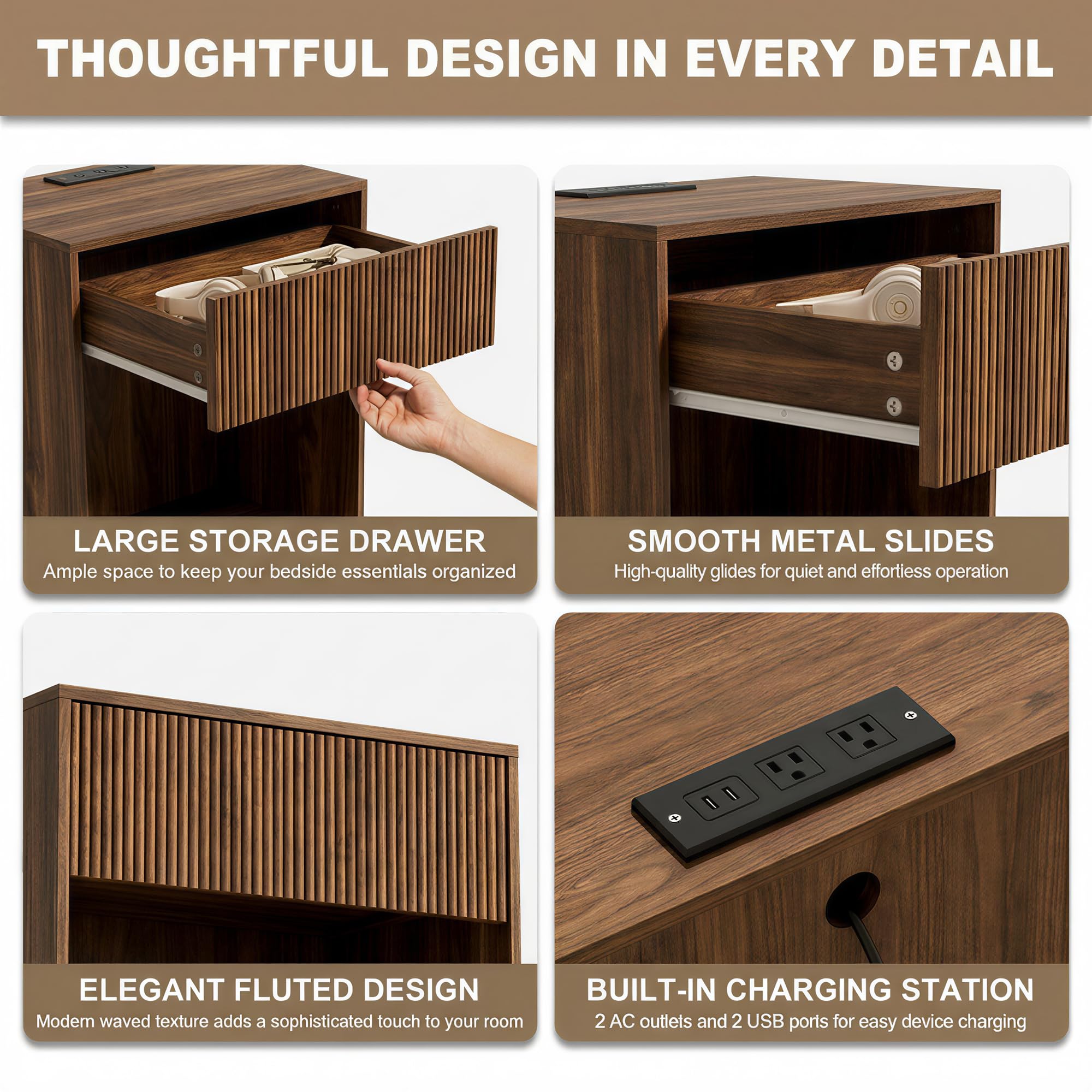Fluted Nightstands Set of 2, Night Stand with Charging Station, Modern Bed Side Table with Drawer and Storage Shelf, Wood Mid Century End Table for Bedroom Living Room (Walnut)