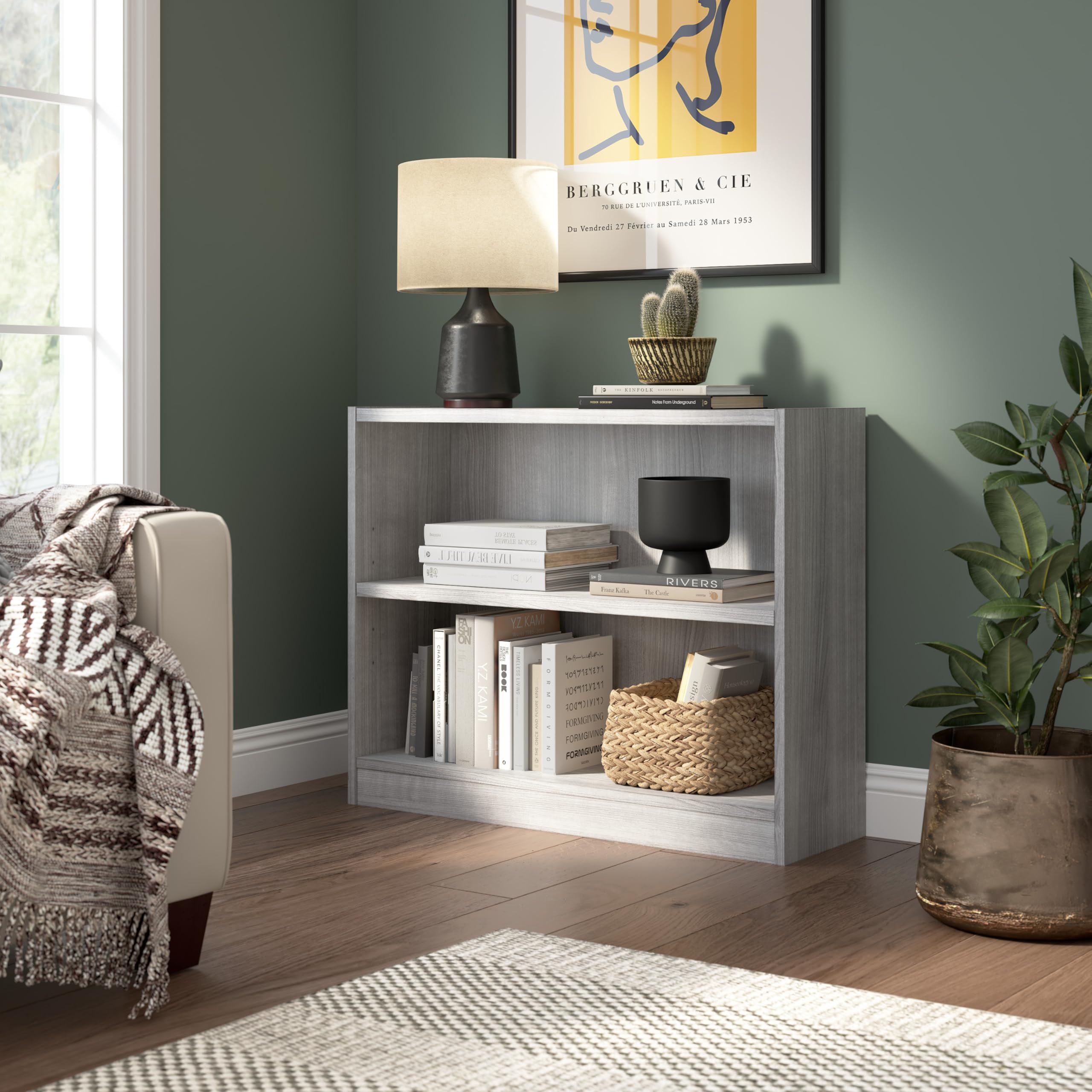 Bush Home Small 2 Shelf Bookcase, 2 Tier Bookshelf Storage Cabinet with Adjustable Shelf for Living Room, Bedroom or Home Office, Universal Collection, Platinum Gray