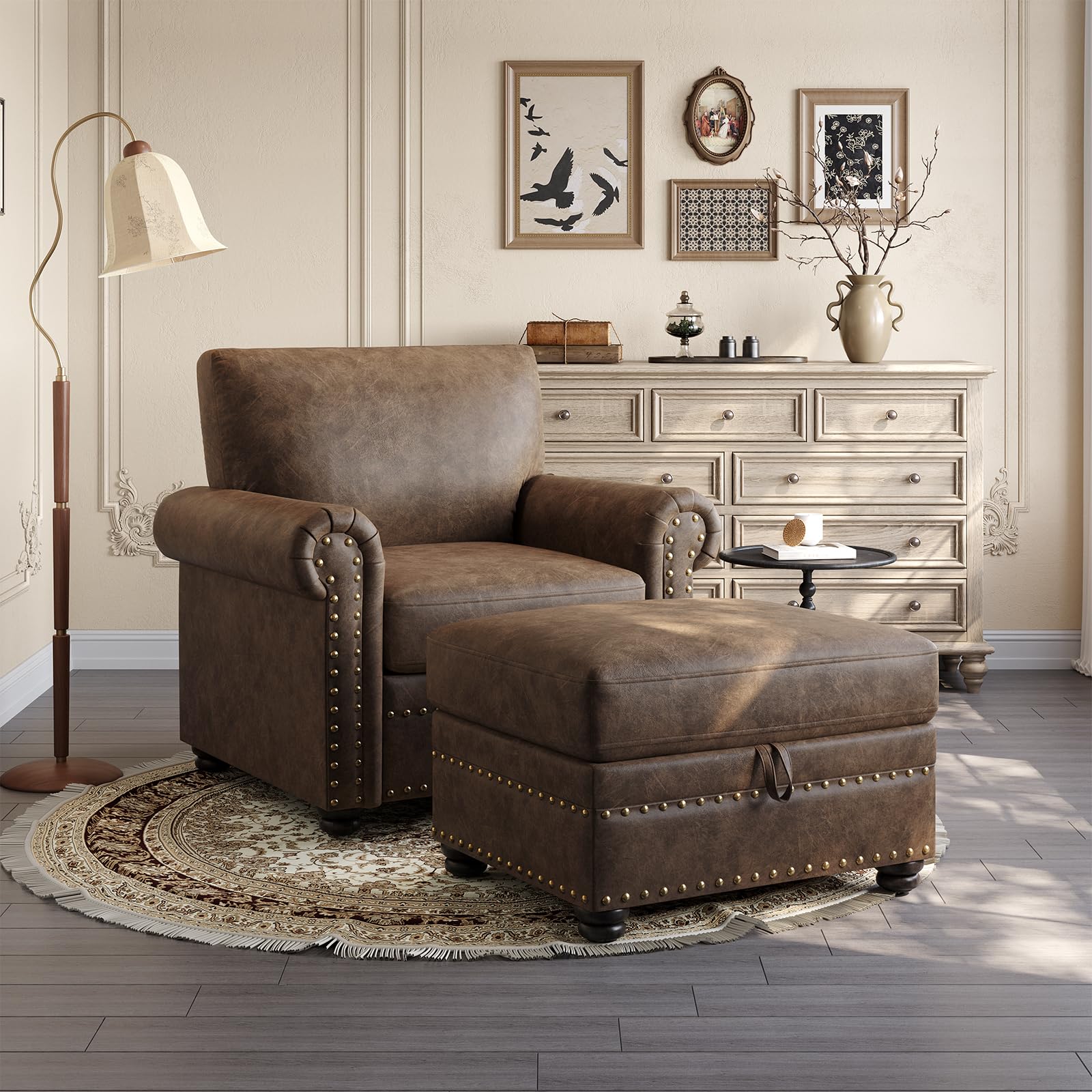 Faux Leather Storage Ottoman with Nailhead Trim