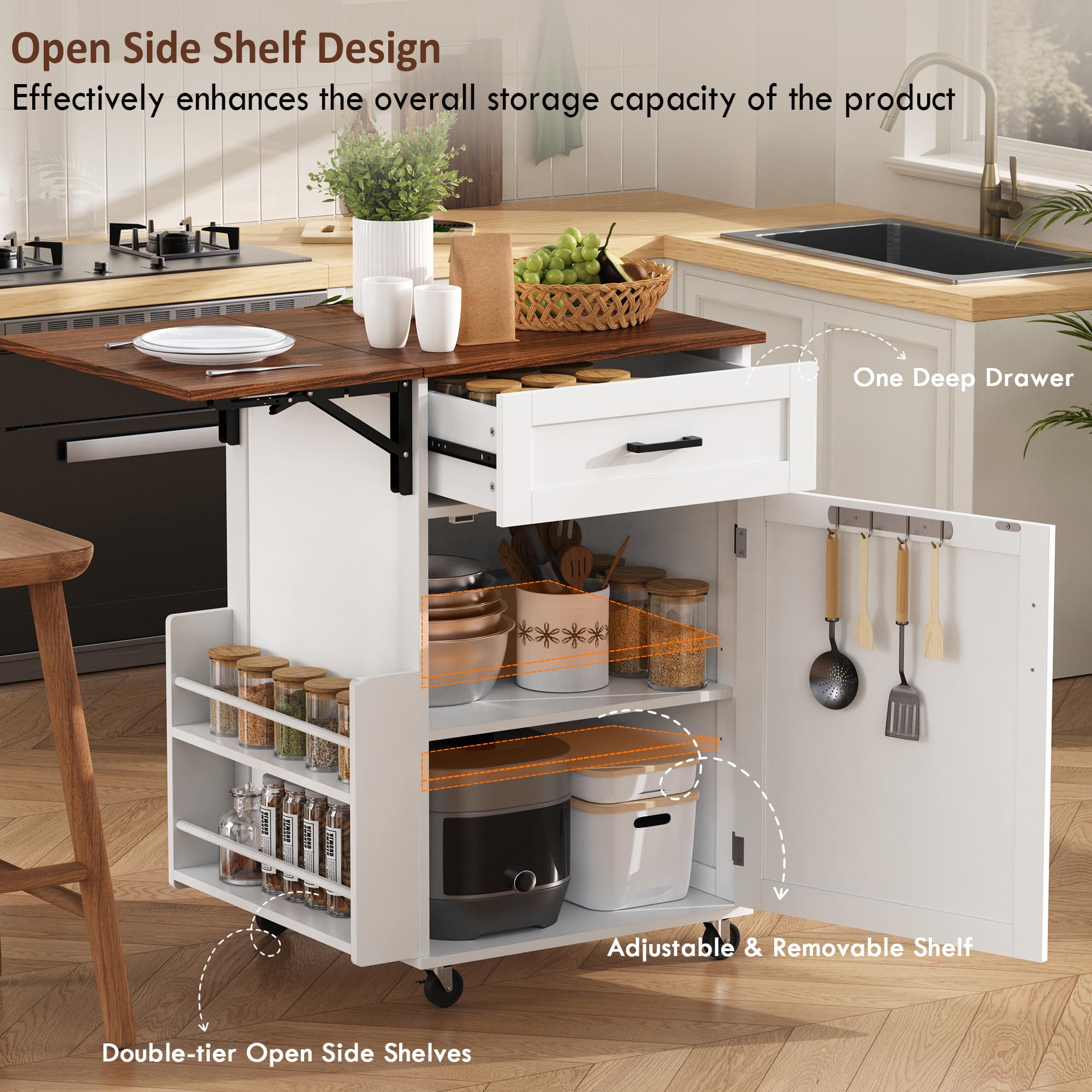 Seeheool K&K 39.3" Farmhouse Kitchen Island with Drop Leaf, Kitchen Storage Island with Open Side Rack, One Drawer, Towel Rack, Rolling Kitchen Cart with Lockable Wheels for Lawn Garden, White