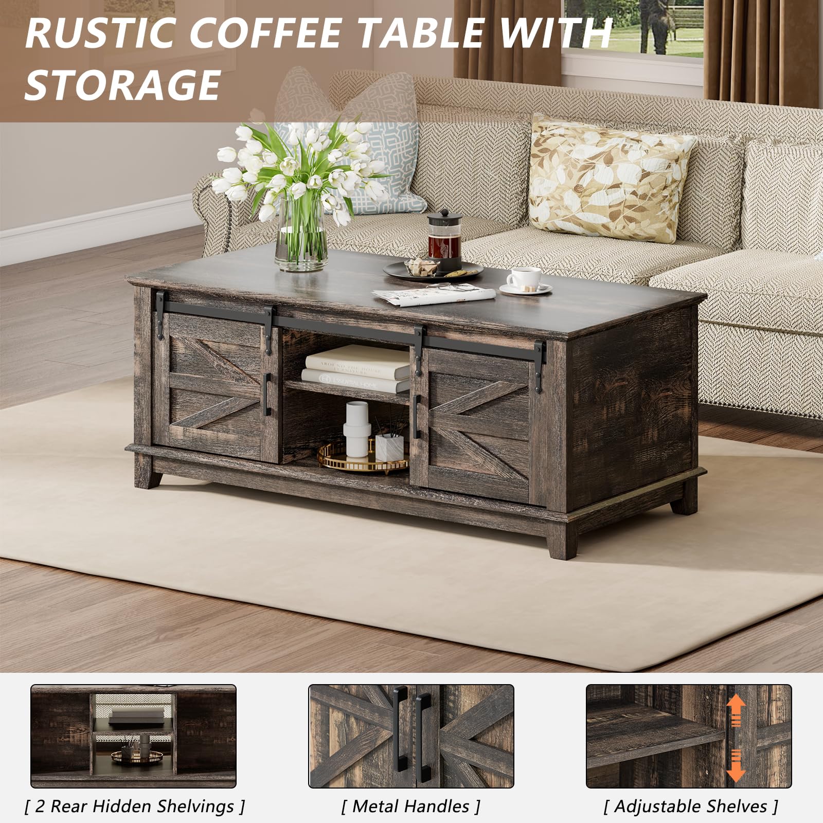 LUXOAK 4 Pieces Farmhouse Living Room Table Sets - Includes 59" Sliding Barn Door TV Stand for 65 in TV, Rustic Coffee Table with Storage, End Tables Set of 2 with Charging Station, Dark Rustic Oak