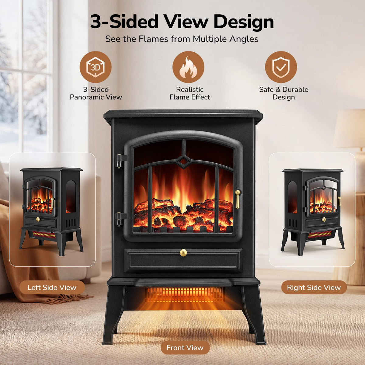 Electric Fireplace Heater Stove with 3D Flame, 1000/1500W & Flame-Only Mode