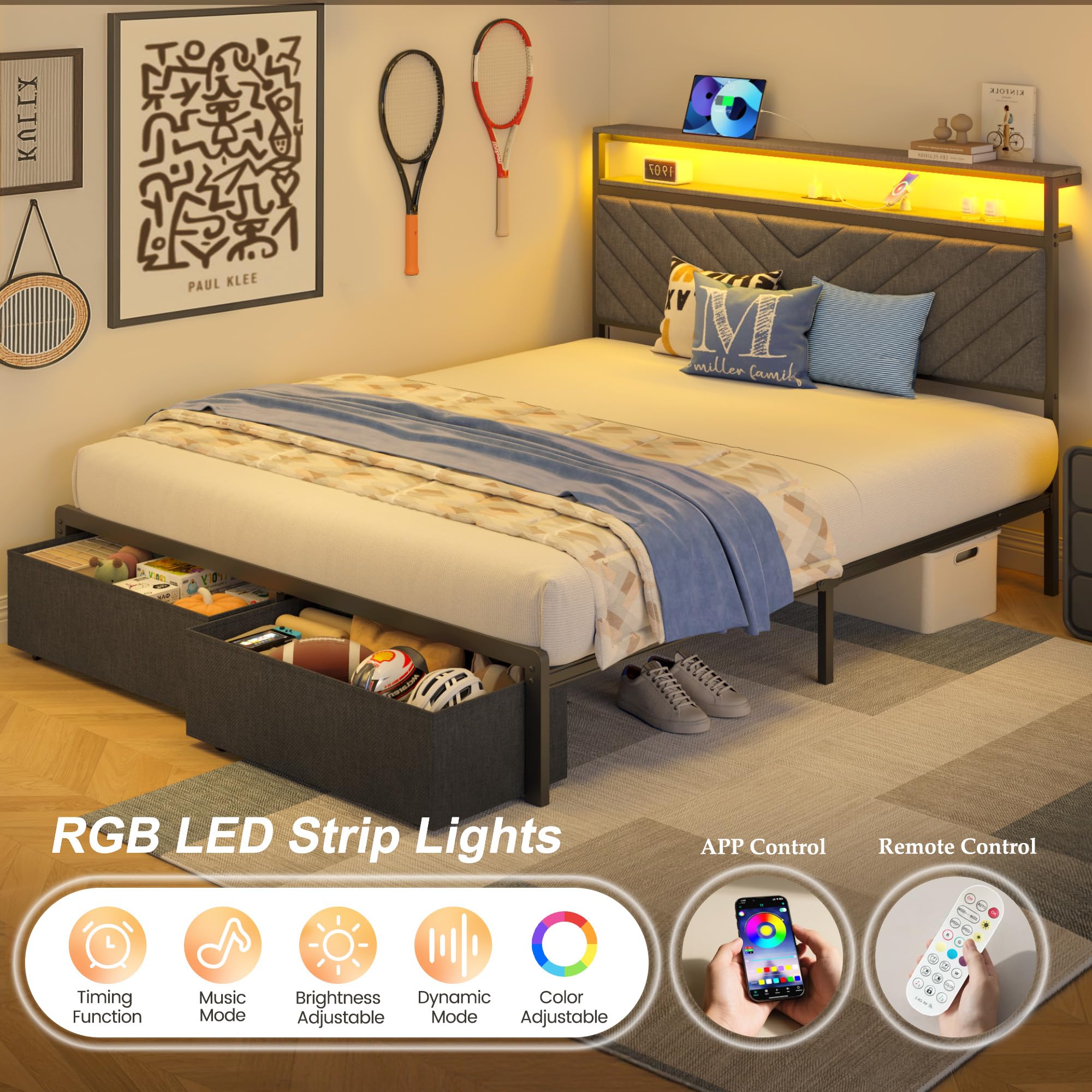 HISOFT Queen Bed Frame with Charging Station, LED Lights & 2 Storage Drawers, Grey Platform Bed with Upholstered Headboard, Under-Bed Storage, No Box Spring Needed, Easy Assembly, Strong Support